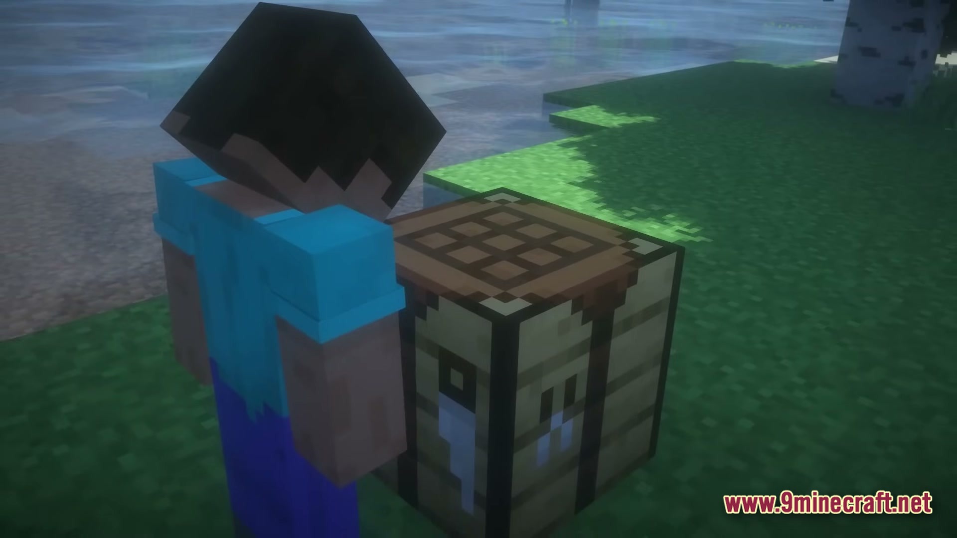 From The Fog Modpack (1.20.1) – Survive The Creepy Stalker 3 Herobrine stands over a crafting table in a grassy biome near a body of water