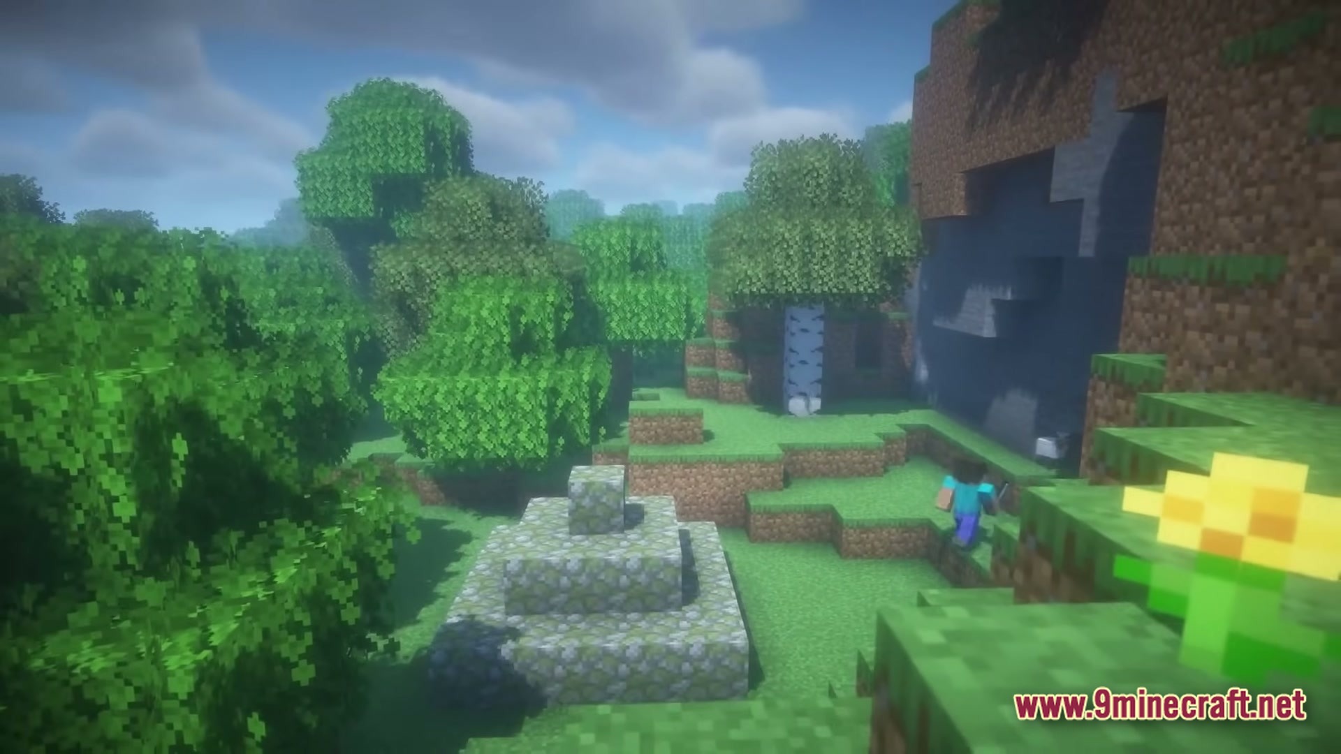 From The Fog Modpack (1.20.1) – Survive The Creepy Stalker 4 Herobrine stands near a mossy cobblestone pyramid in a forest biome with shaders enabled