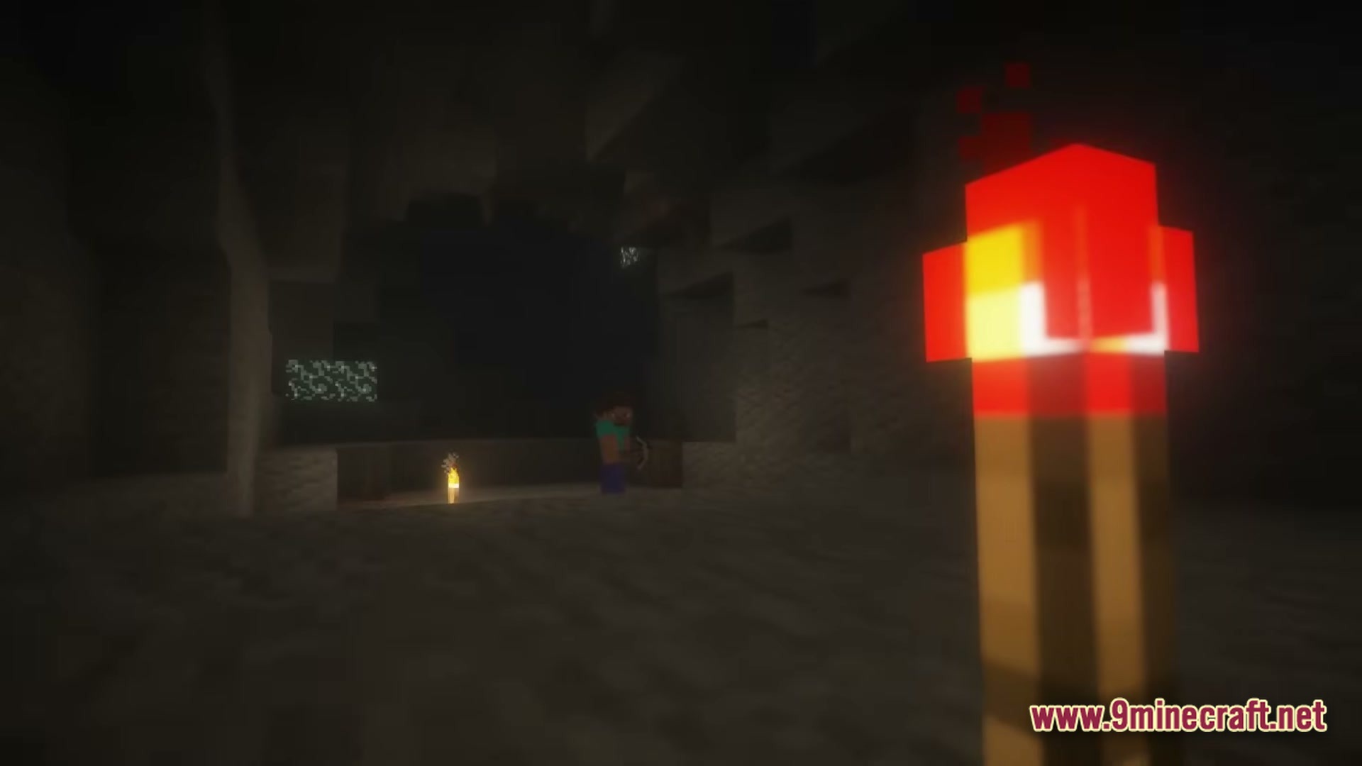 From The Fog Modpack (1.20.1) – Survive The Creepy Stalker 6 A redstone torch illuminates a dark cave where herobrine stands near a distant light source