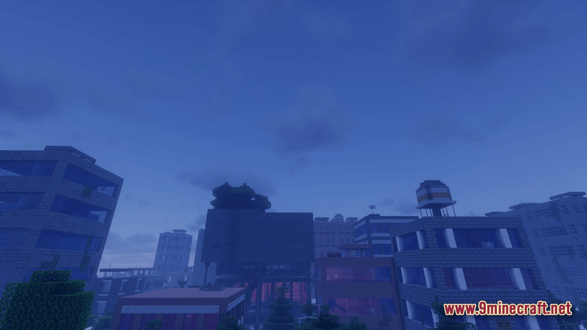 From The Fog Modpack (1.20.1) – Survive The Creepy Stalker 9 A sprawling urban cityscape featuring multiple stone and glass buildings under a dark, overcast sky