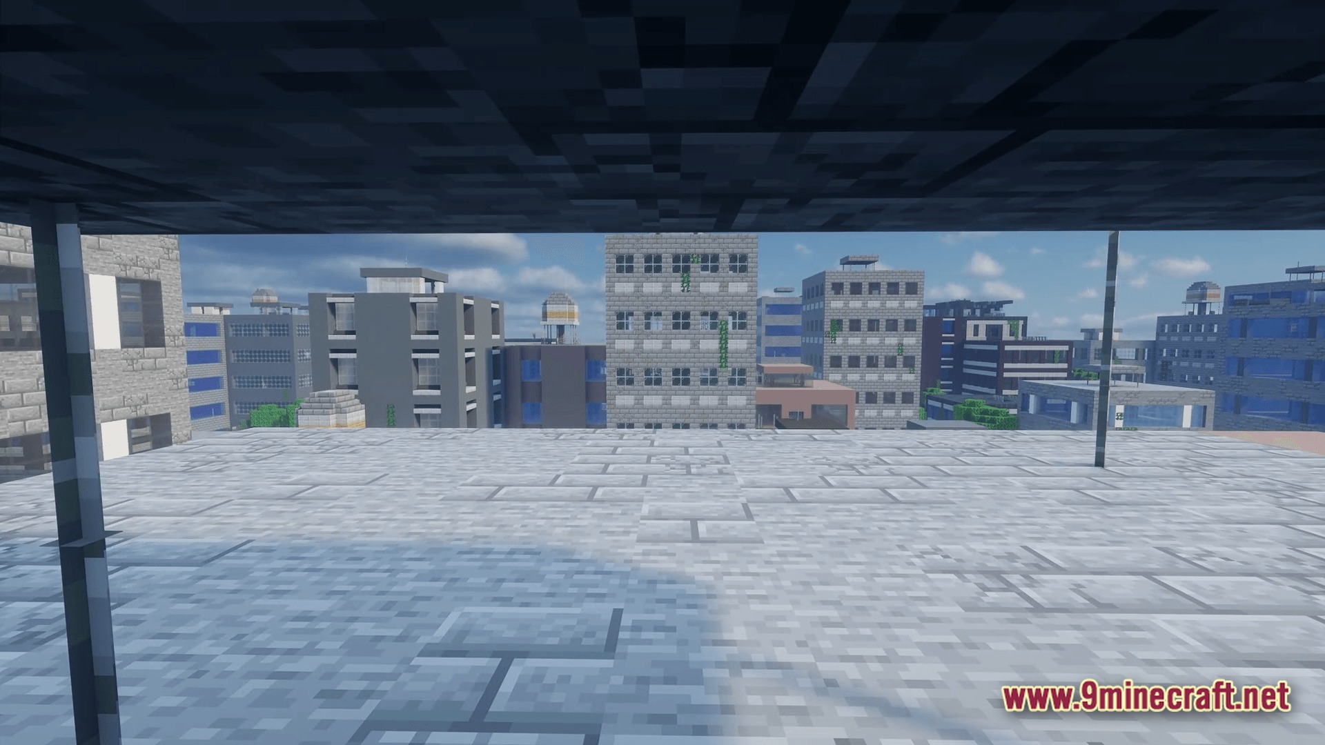 From The Fog Modpack (1.20.1) – Survive The Creepy Stalker 10 A view of various stone and concrete skyscrapers from a rooftop in a minecraft city