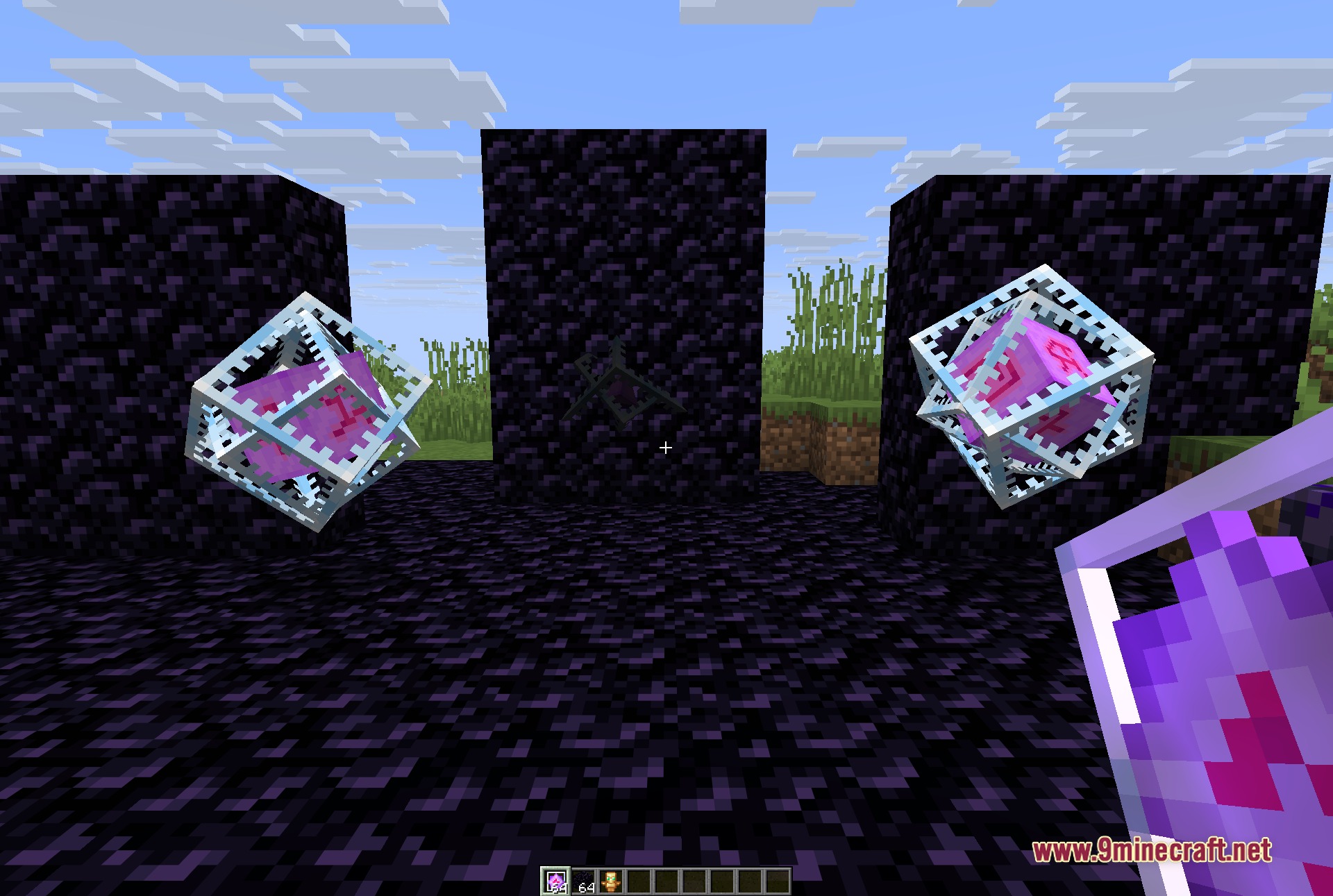 End crystals placed on obsidian blocks in a grassy minecraft landscape