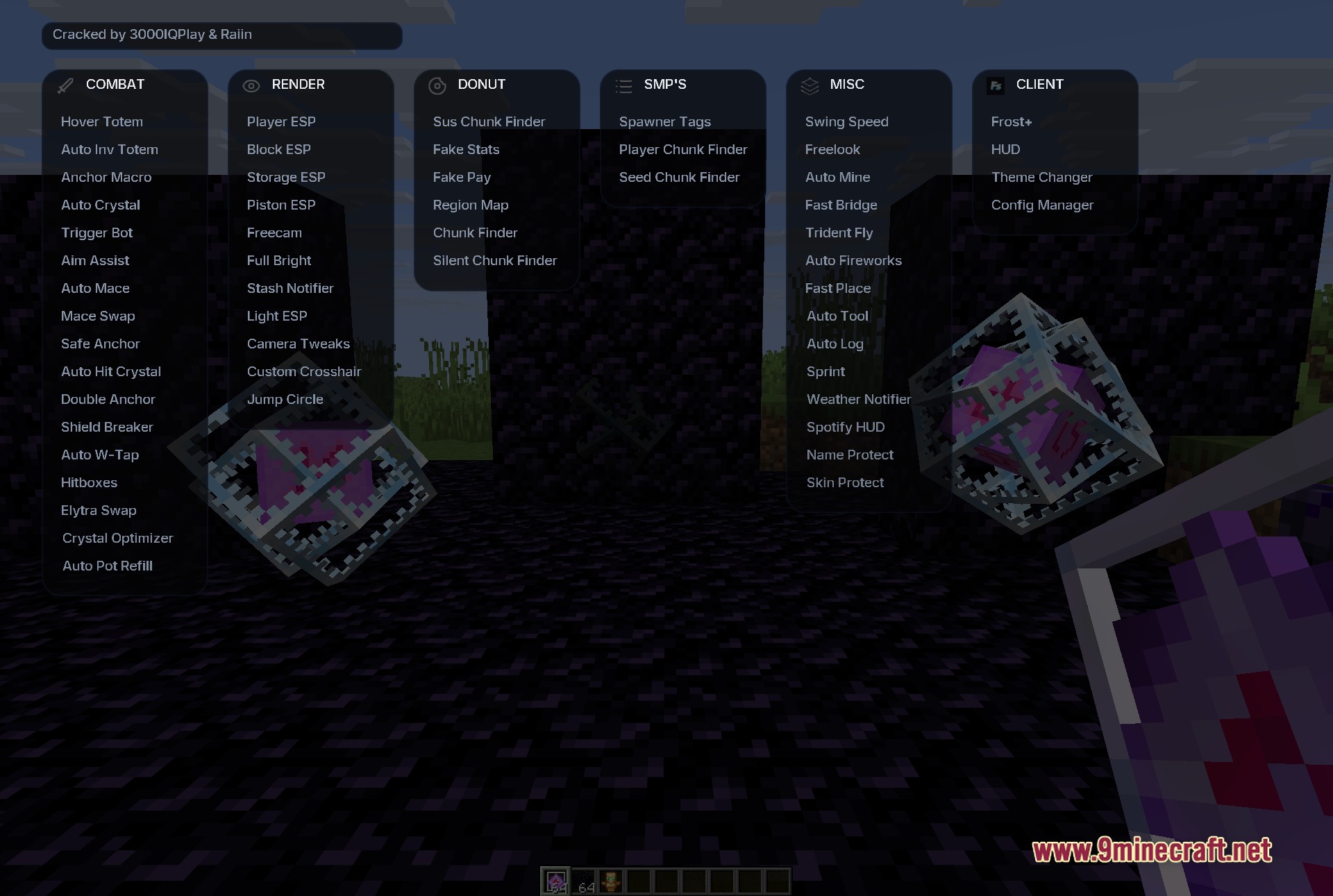 Frost client interface showing various combat and utility modules for minecraft gameplay