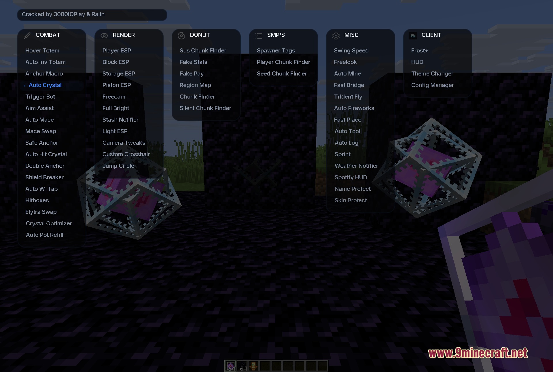 Frost client menu displaying multiple categories of modules for enhanced minecraft gameplay