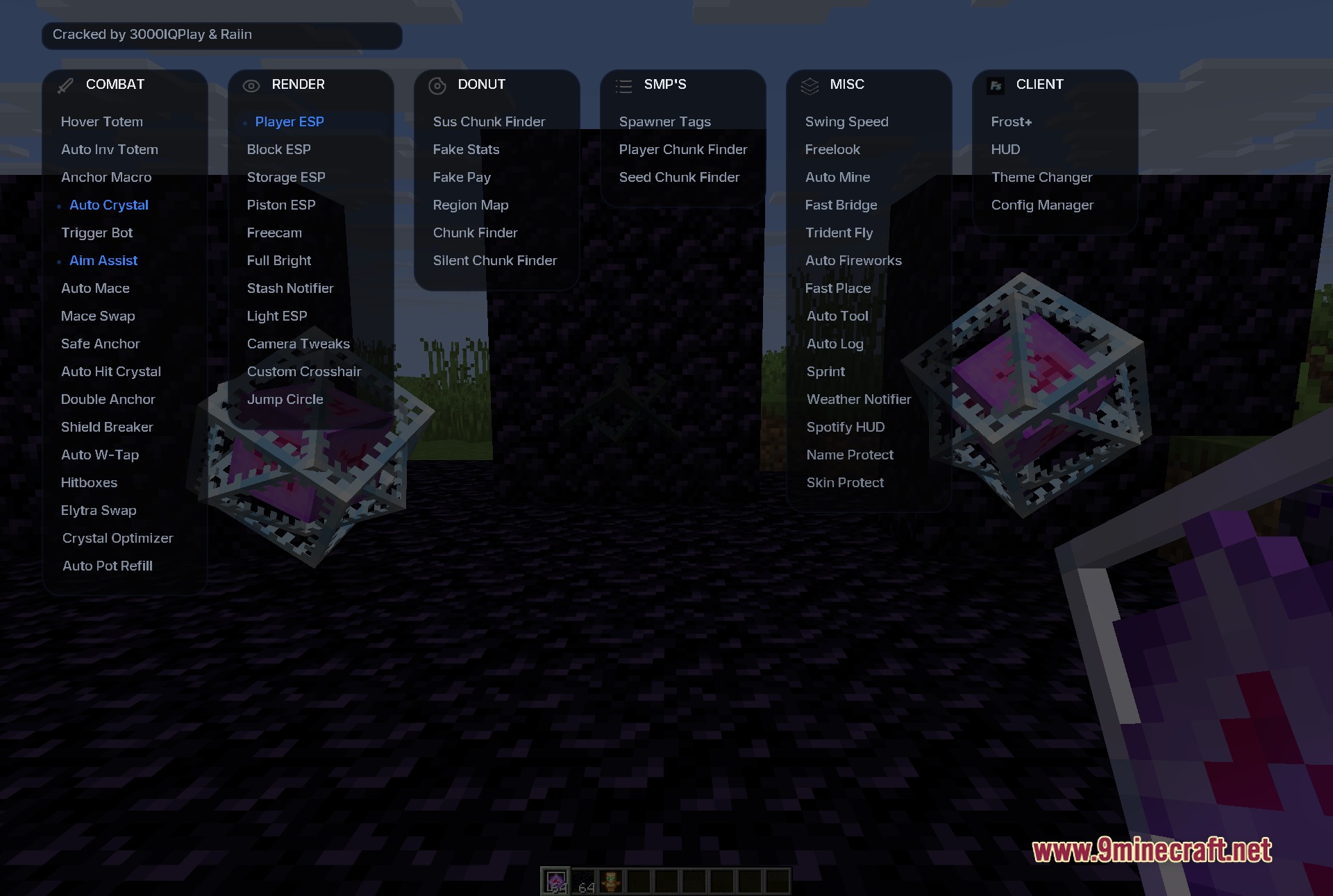 Frost client menu showing combat and utility modules over a dark background