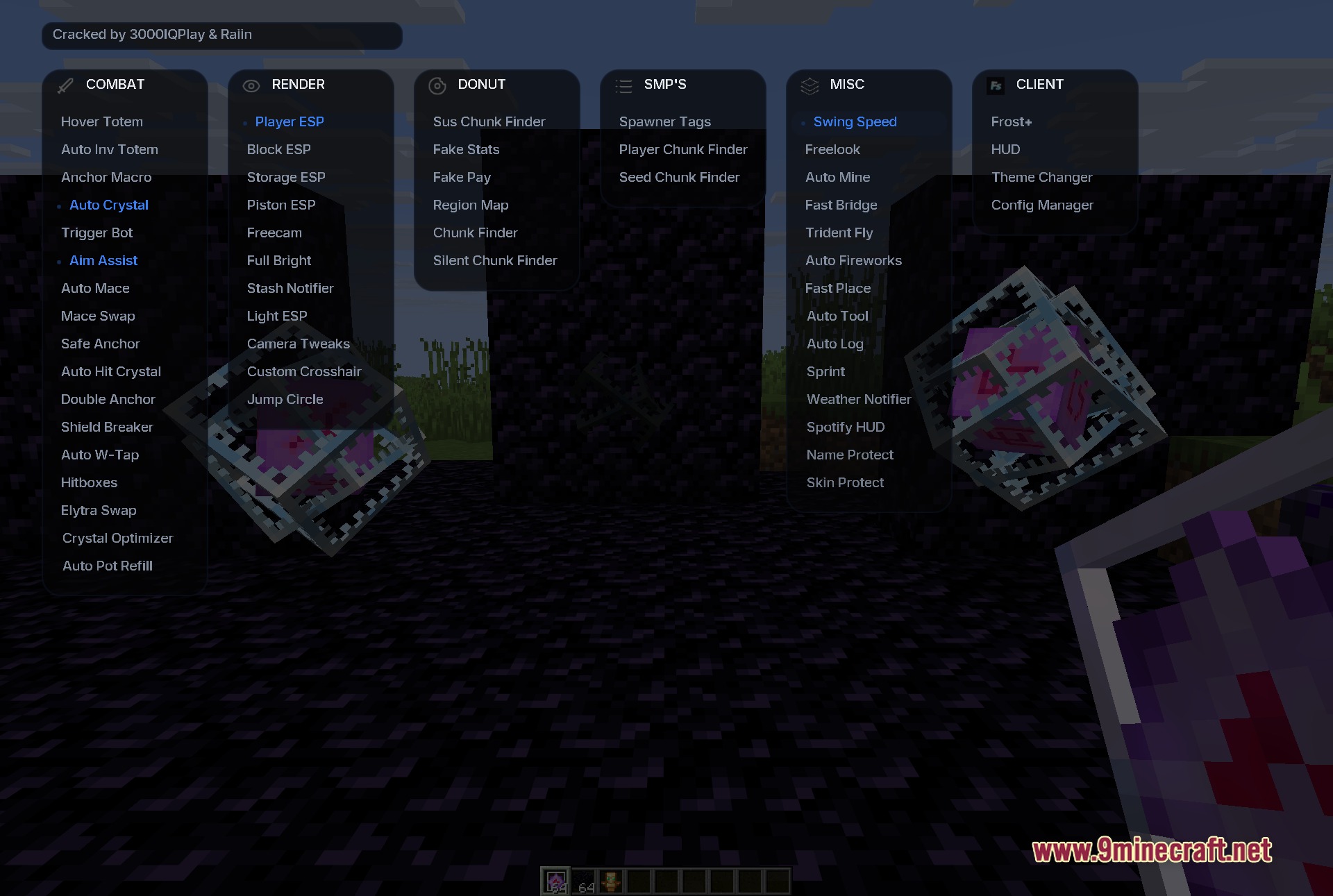 Detailed module interface for a minecraft utility client showing various cheat categories