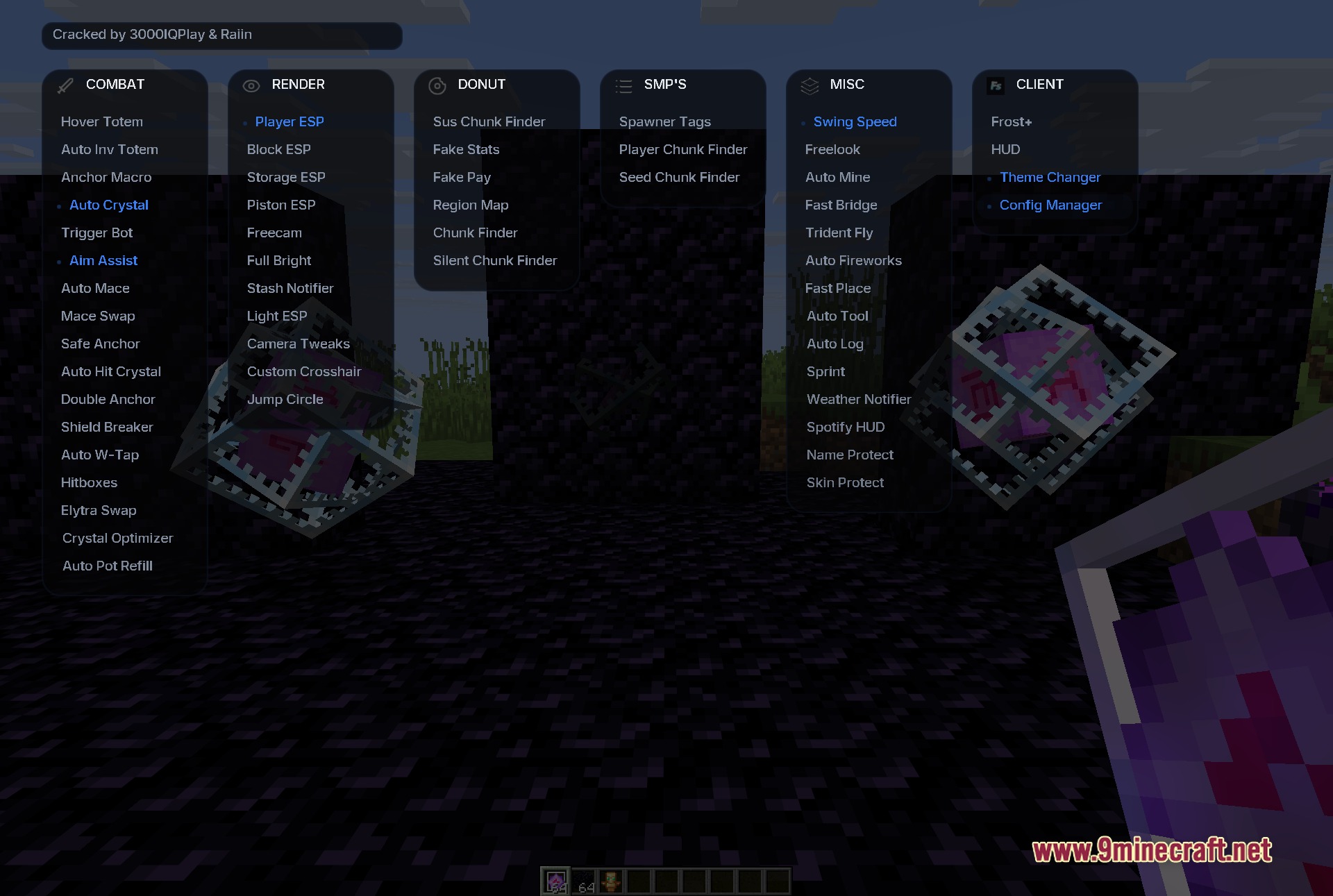 Minecraft user interface showing various combat and utility modules for anarchy servers