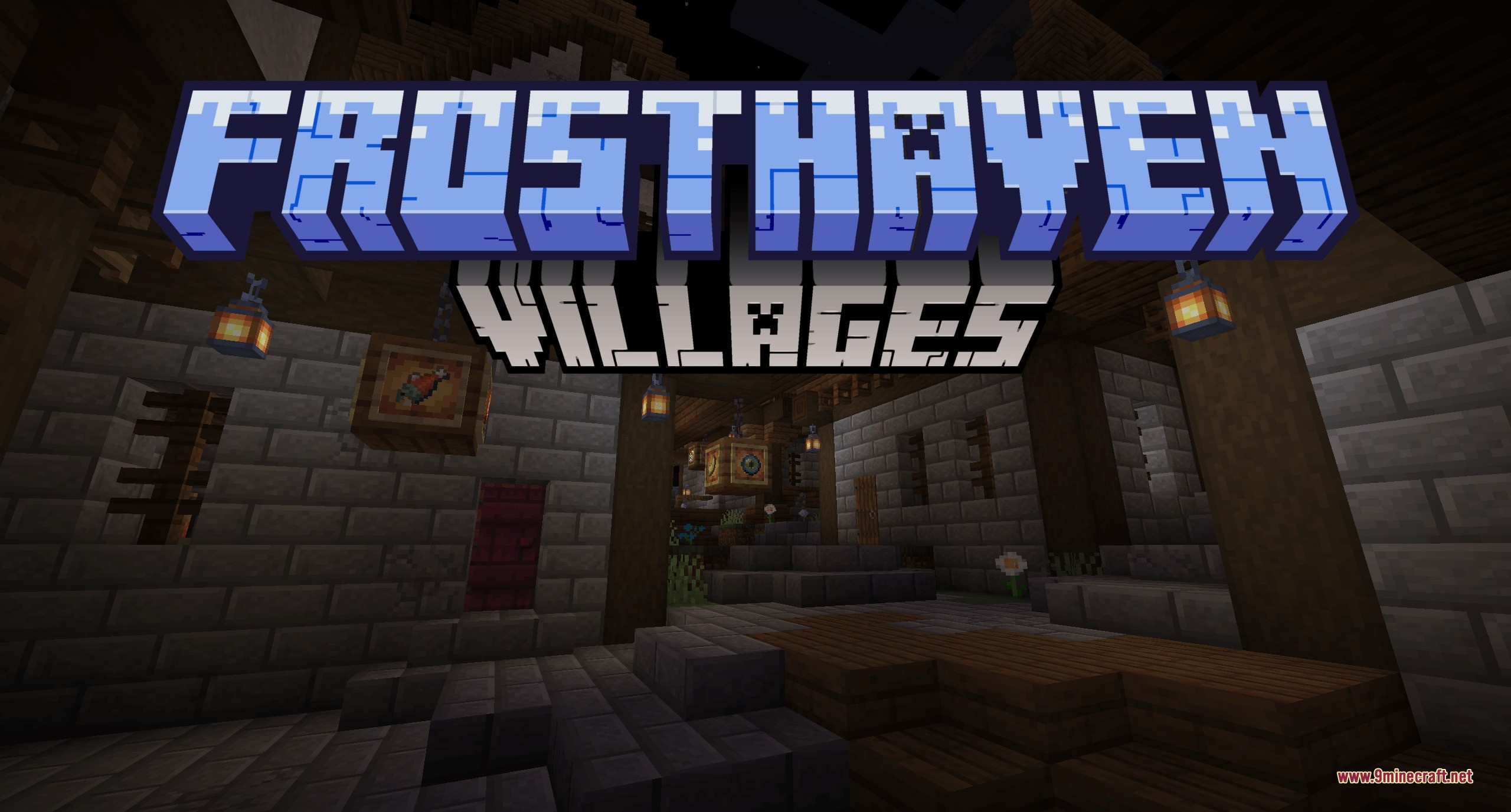 Frosthaven Villages Data Pack (1.21.11, 1.21.1) – Trade And Survive In Frozen 6 A stone village interior at night featuring the frosthaven villages mod title