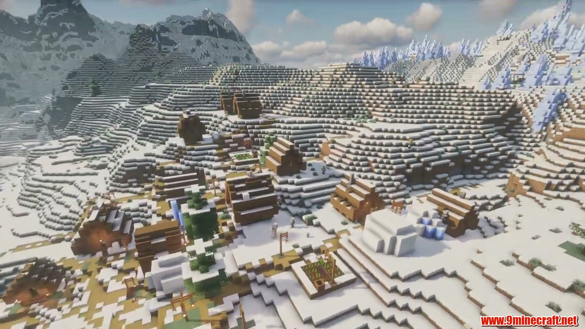 Snow village mountain in minecraft seed -3948795354599899796