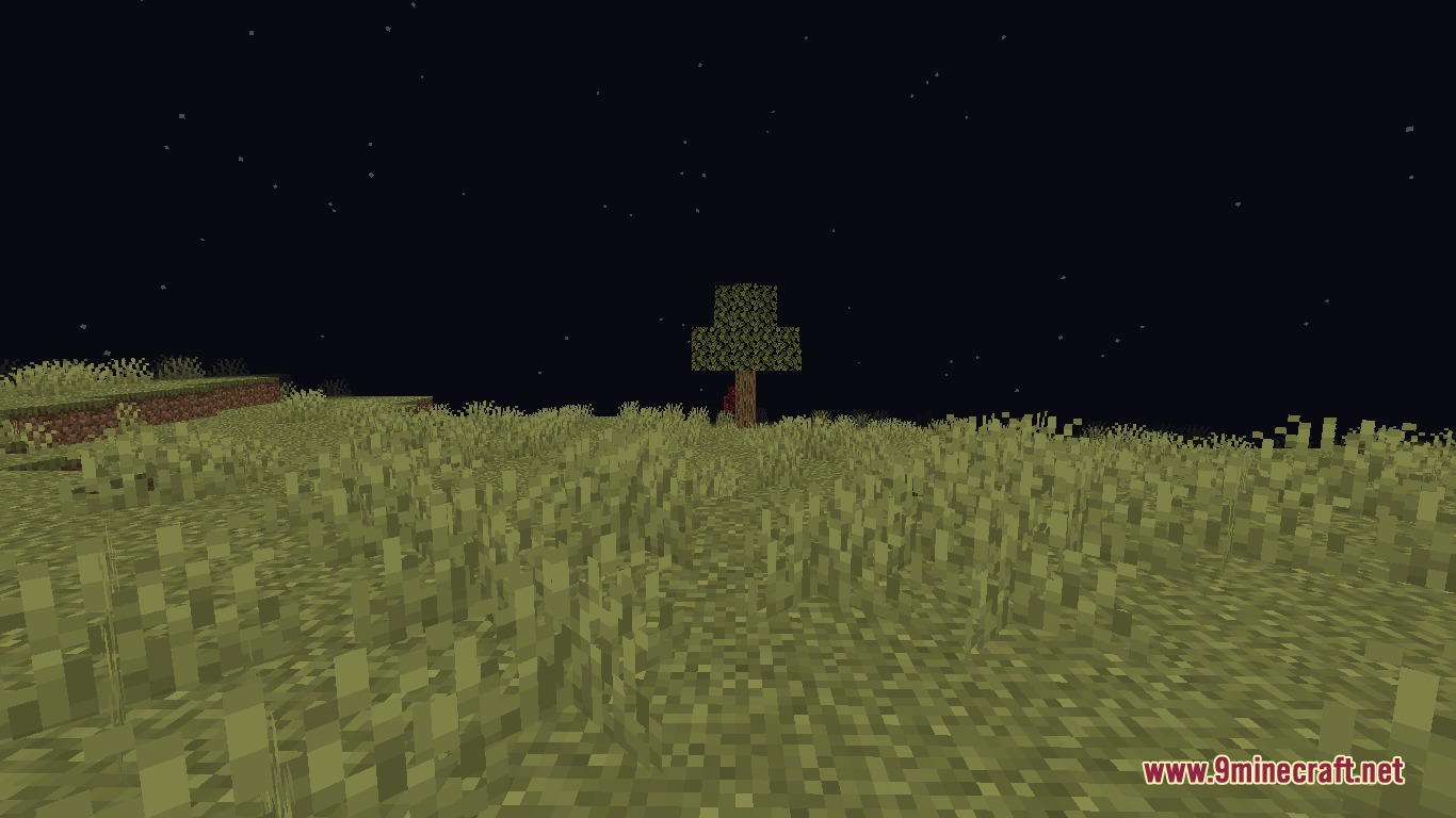 Fun Aether Mod (1.20.1) – Uncover A Dark Mystery In Two Terrifying Dimensions 3 A dark field of tall grass with a single tree at night