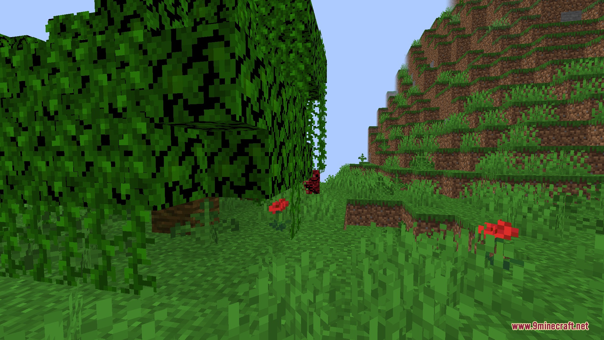 Fun Aether Mod (1.20.1) – Uncover A Dark Mystery In Two Terrifying Dimensions 7 A hostile red entity hiding behind a tree in a creepy forest area
