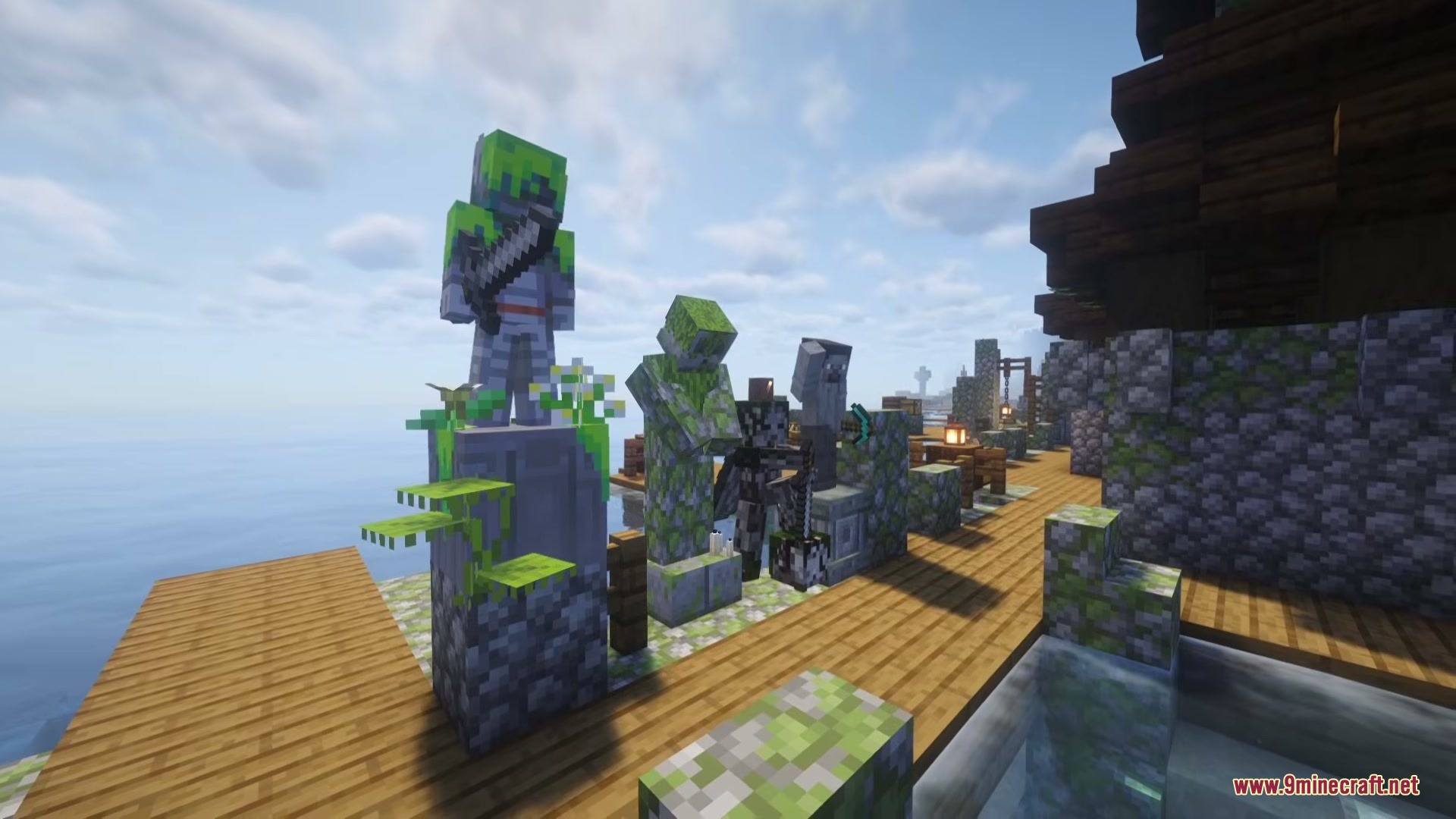 Functional Statues Mod (26.2, 1.20.1) – Craft Custom Stone Statues 3 Several mossy stone statues placed along a wooden dock near the water