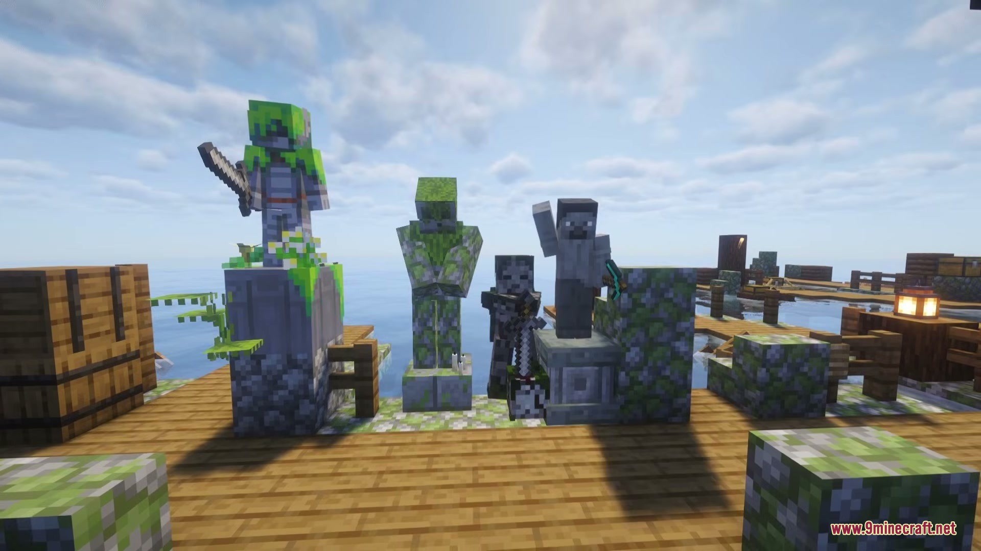 Functional Statues Mod (26.2, 1.20.1) – Craft Custom Stone Statues 4 Various mossy stone statues standing on a wooden dock near the water