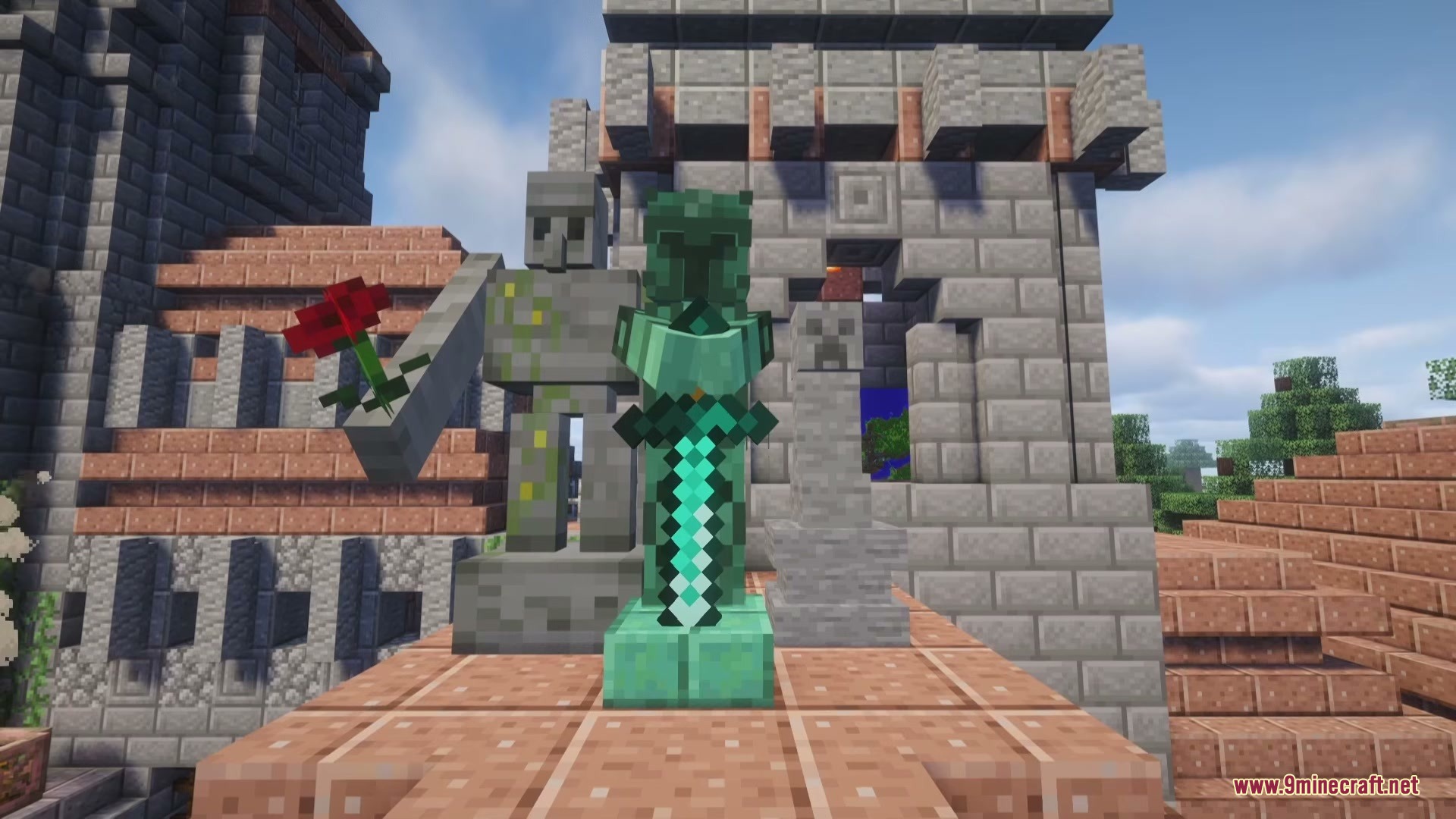 Functional Statues Mod (26.2, 1.20.1) – Craft Custom Stone Statues 5 Three detailed statues of an iron golem and a knight near a castle
