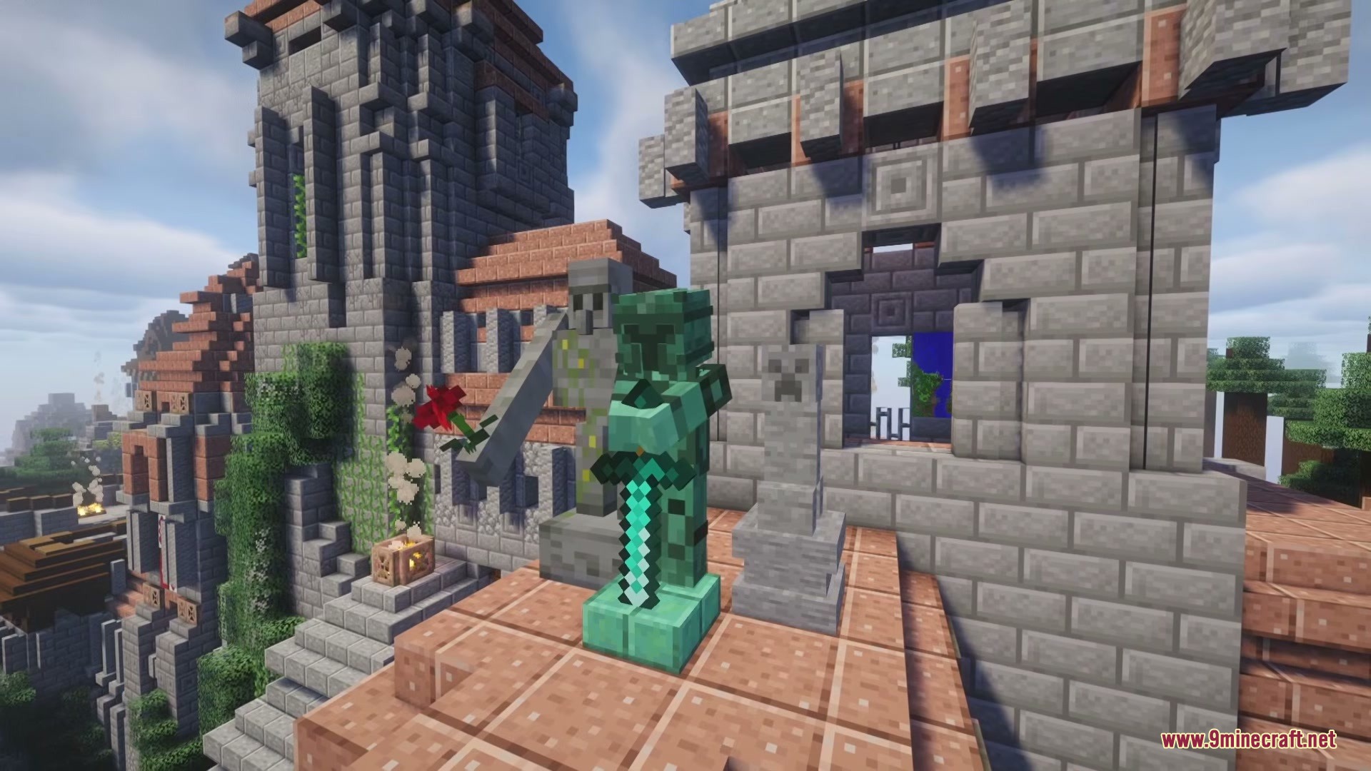 Functional Statues Mod (26.2, 1.20.1) – Craft Custom Stone Statues 6 A green knight statue and an iron golem statue decorate a stone castle