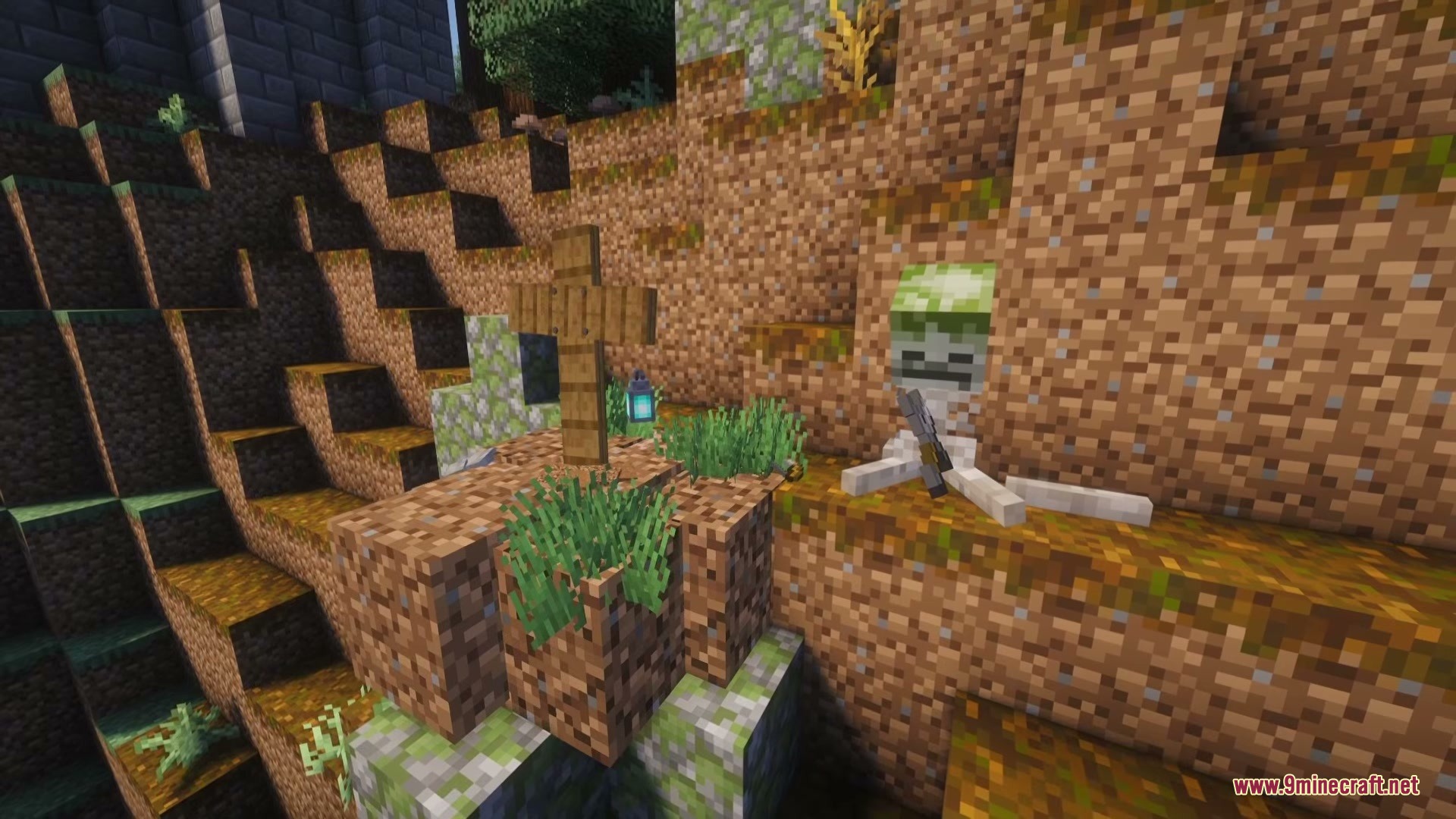 Functional Statues Mod (26.2, 1.20.1) – Craft Custom Stone Statues 8 A skeleton statue sits next to a wooden cross grave on a hillside