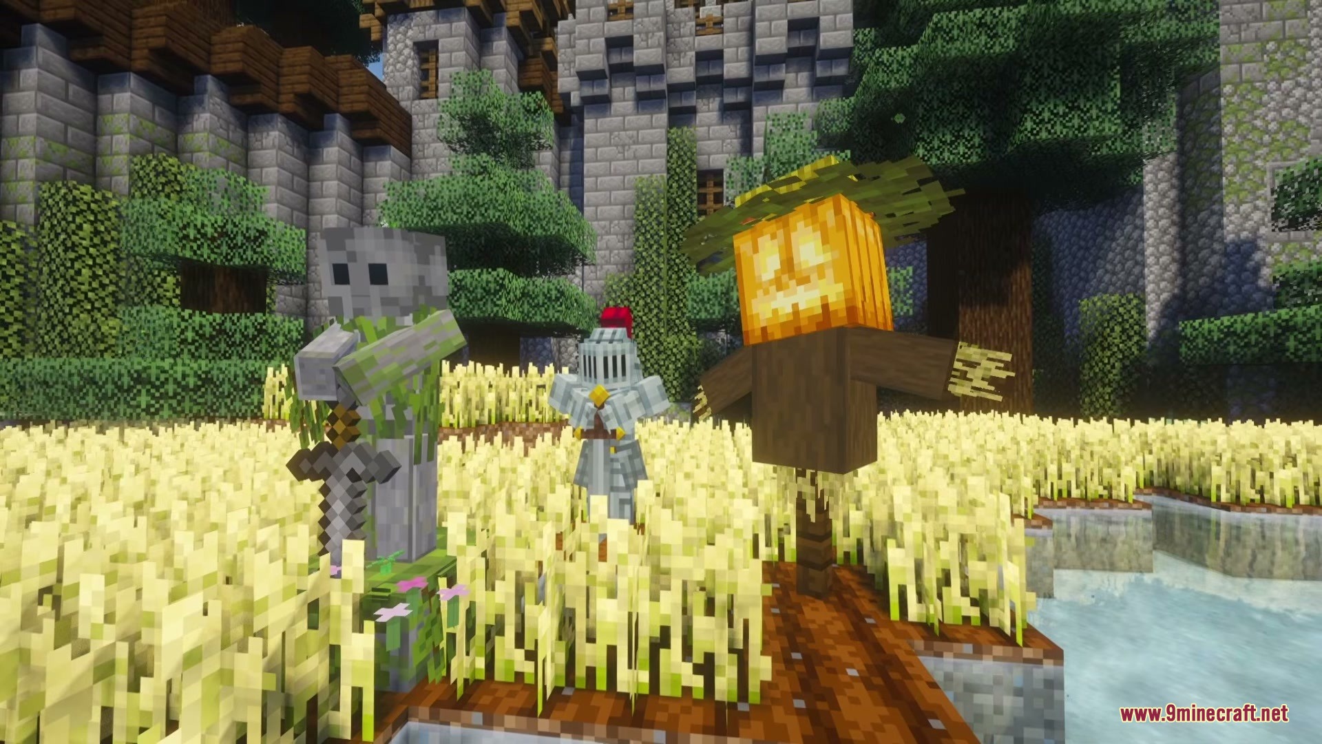 Functional Statues Mod (26.2, 1.20.1) – Craft Custom Stone Statues 9 Knight and scarecrow statues stand in a golden wheat field near a castle