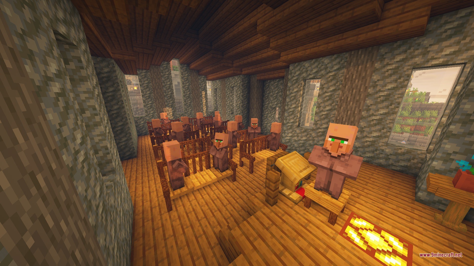 Furni Craft Data Pack (26.2, 1.20.1) – Furnish Your Base With Working Chairs 5 A group of villagers sitting on wooden benches in a stone church interior