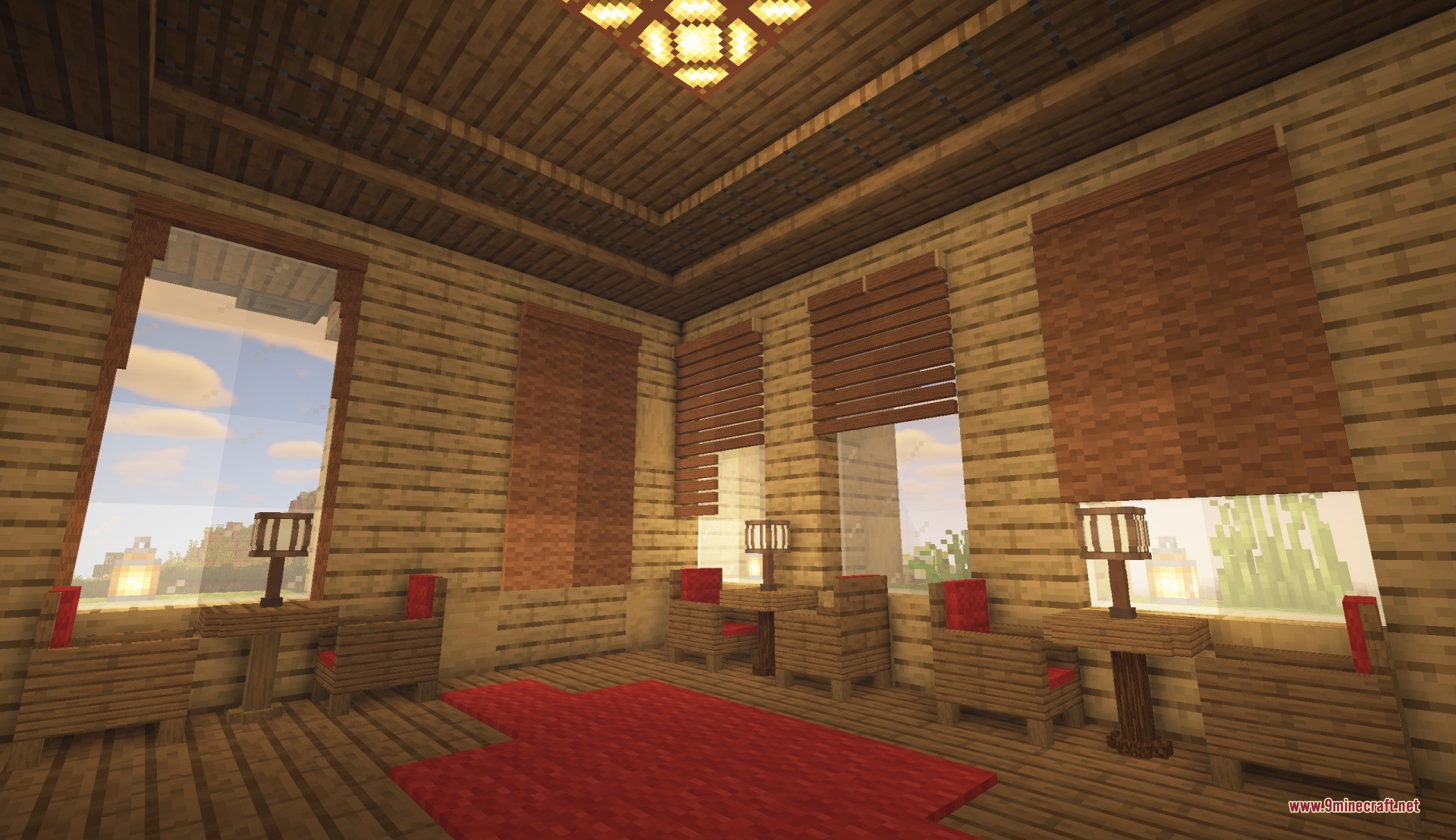 Furni Craft Data Pack (26.2, 1.20.1) – Furnish Your Base With Working Chairs 6 Cozy minecraft room with wooden furniture red carpet and decorative window blinds