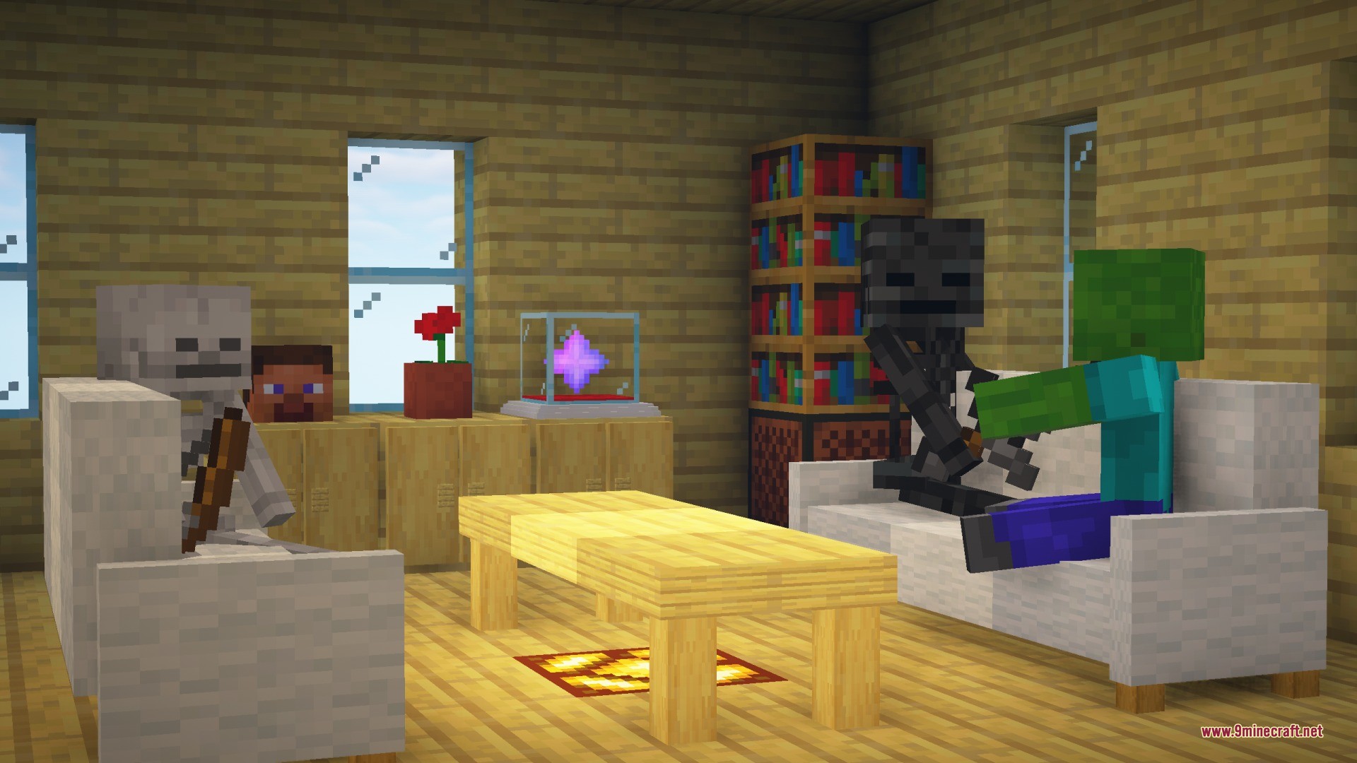 Furni Craft Data Pack (26.2, 1.20.1) – Furnish Your Base With Working Chairs 7 Skeleton wither skeleton and zombie sitting on sofas in a furnished room