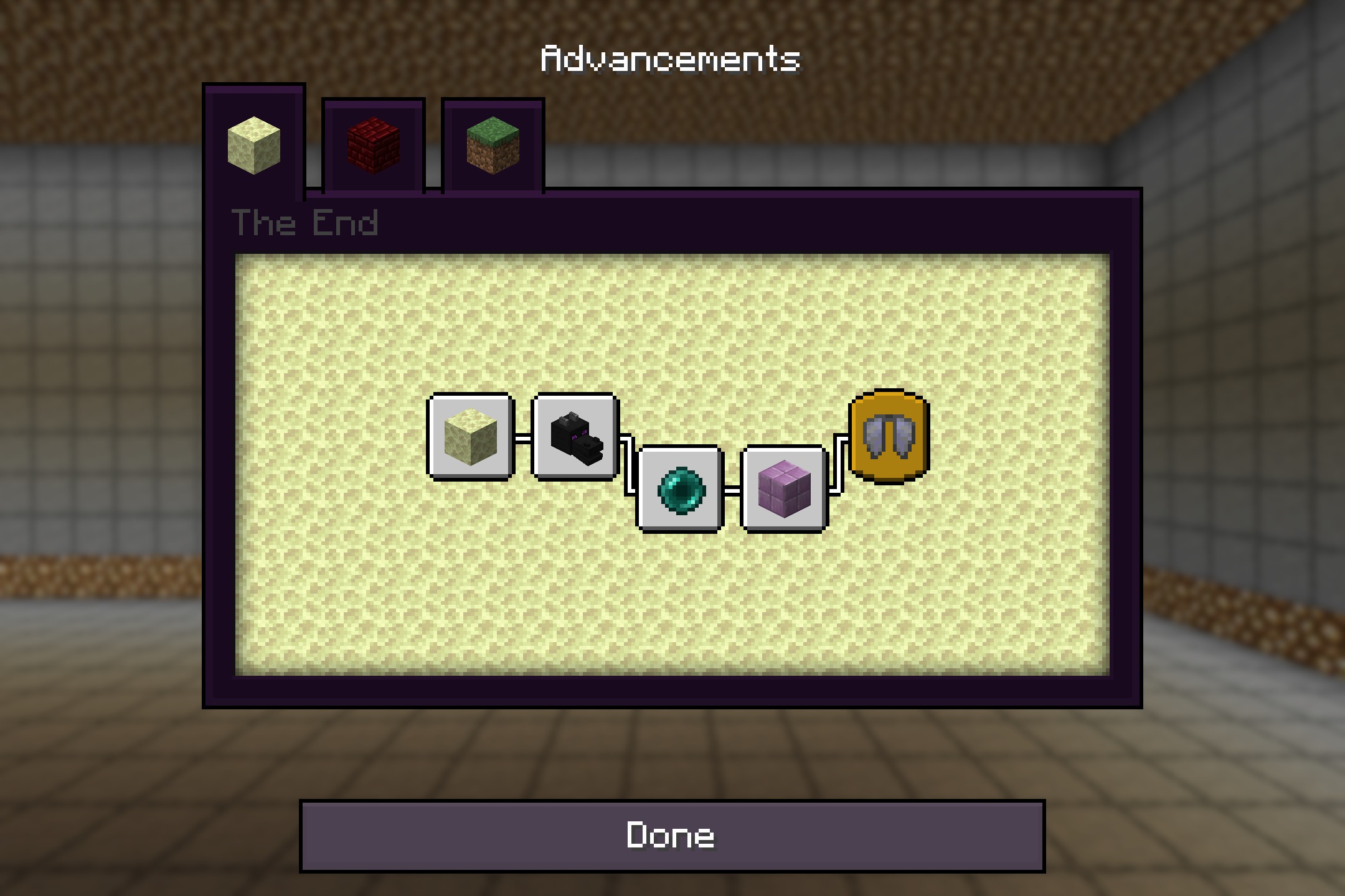 Furry In Inventory Resource Pack (26.2, 1.20.1) – Dark Purple Menus And Custom 3 The advancements screen shows end dimension progress with a dark purple interface design