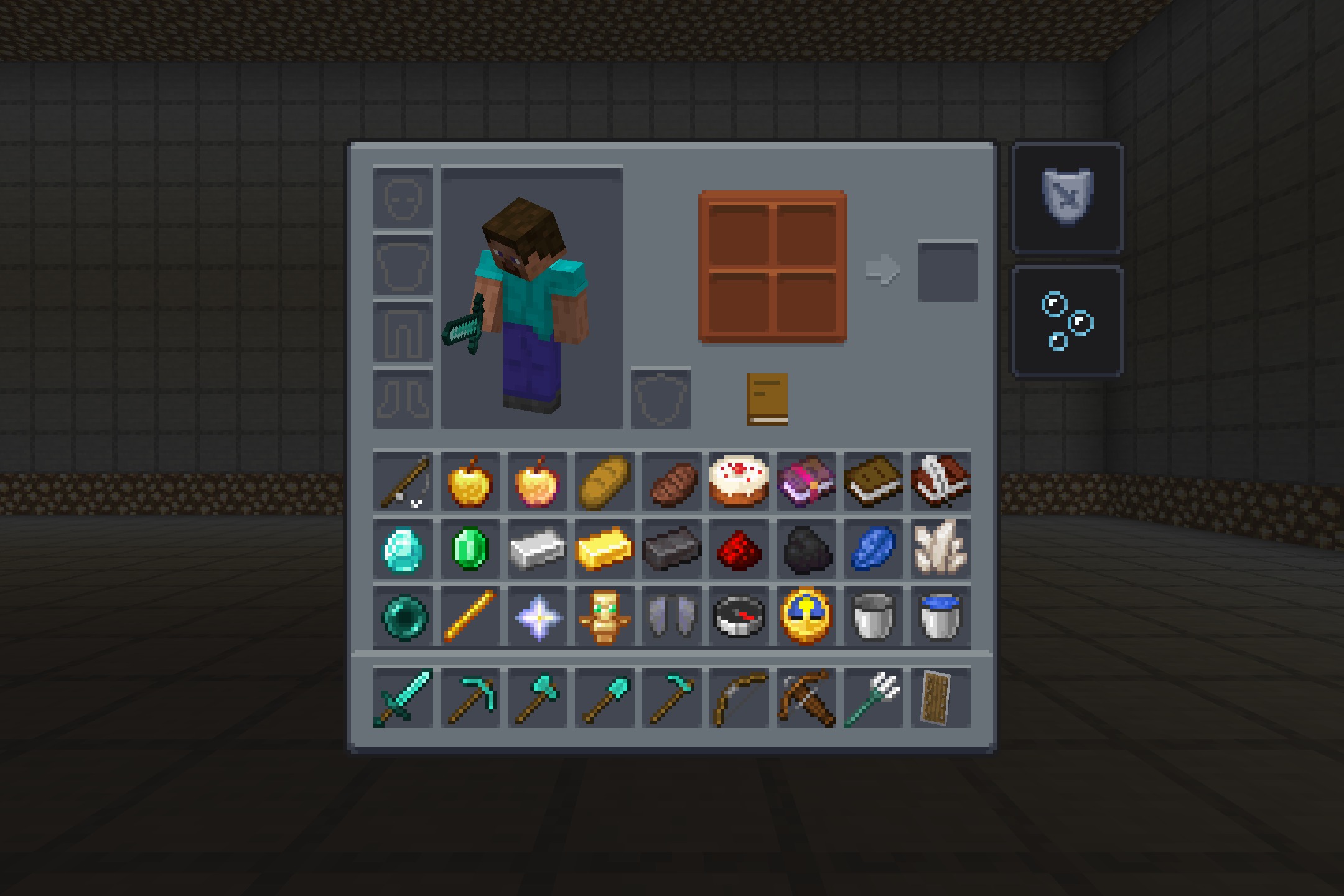 Gui Revision+ Resource Pack (26.2, 1.20.1) – Sleek Dark Mode Look For Vanilla 4 Minecraft inventory menu with a dark theme showing various items and tools