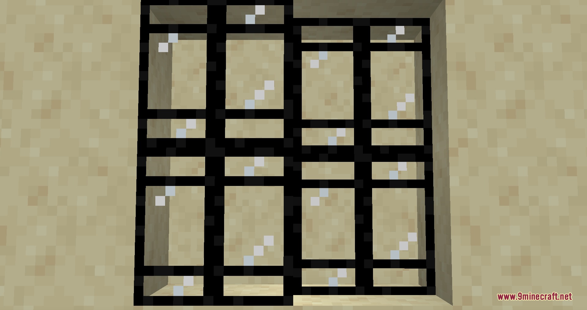 Gothiclily’s Glass Pack Resource Pack (26.2) – Ornate Stained Glass Window 9 Minimalist black grid window panes installed within a tan sandstone wall