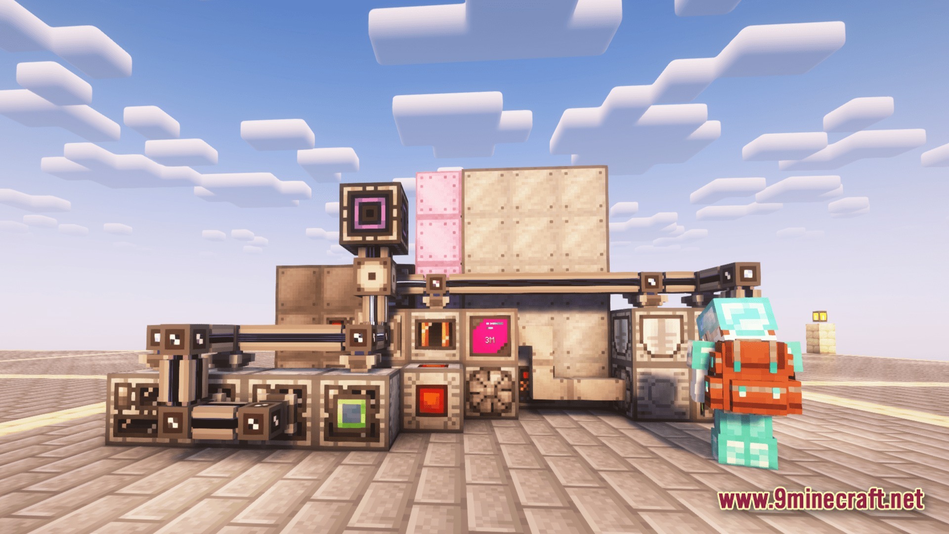 A complex gregtech machine setup with pipes and a player in diamond armor wearing a backpack