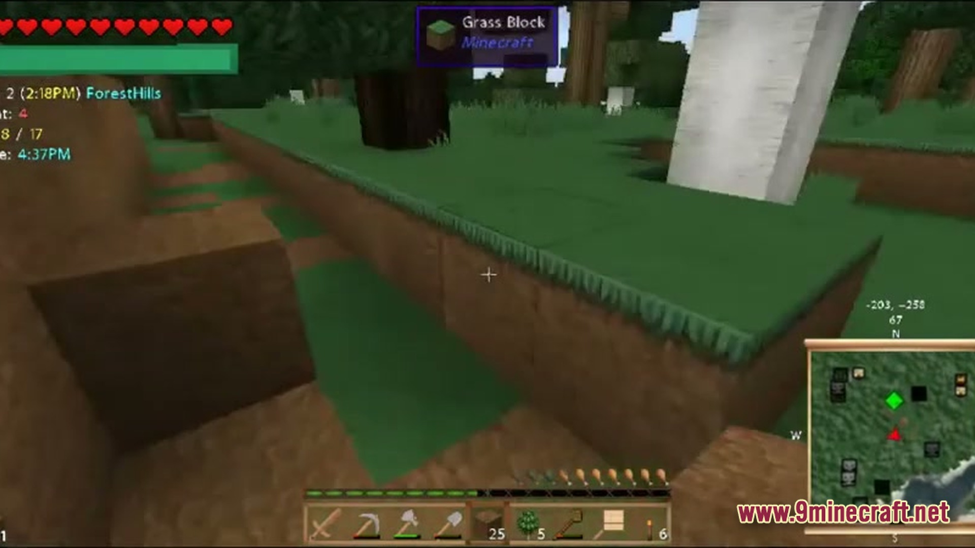 A first-person view of a forest biome with a minimap and various survival tools