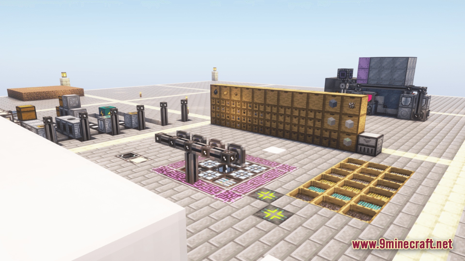 A skyblock factory featuring storage drawers, industrial machinery, and automated resource processing systems
