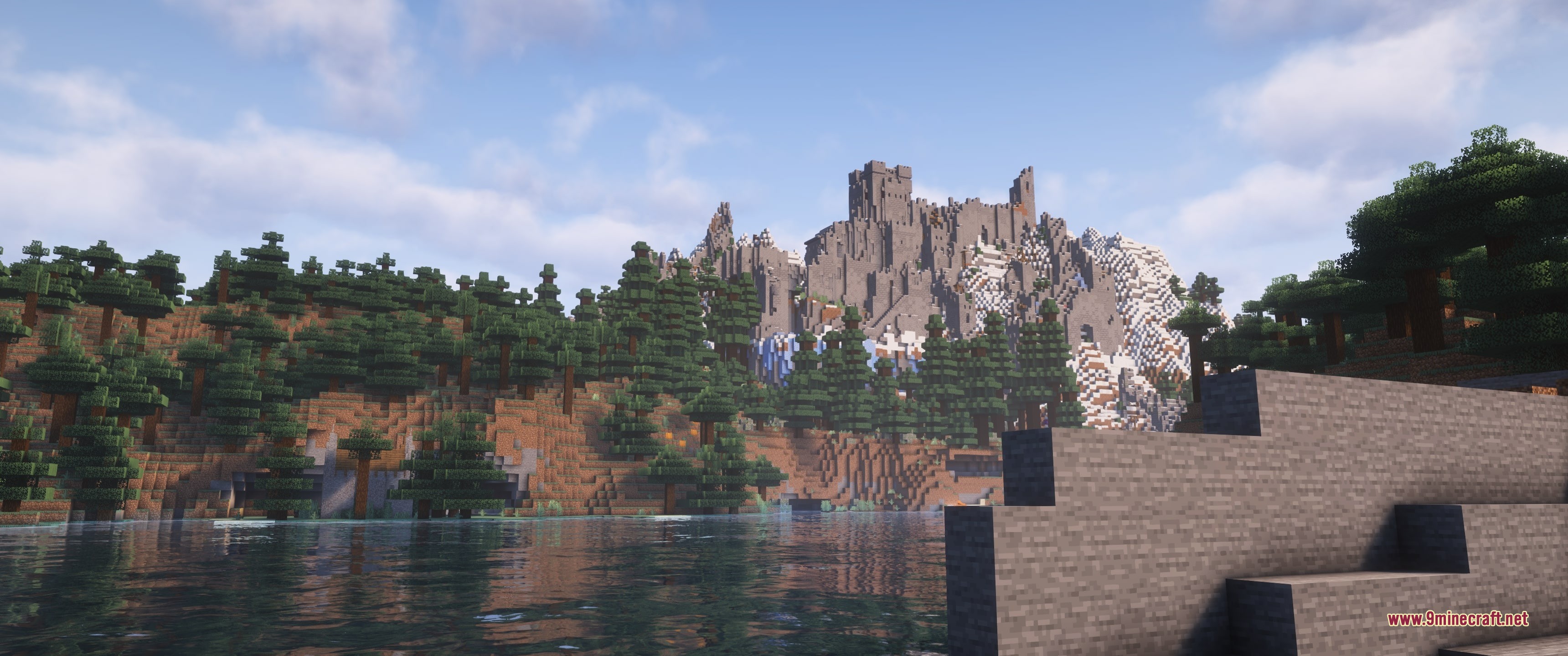 Grim Kingdoms Structures &Amp; Ruins Data Pack (26.2, 1.20.1) 2 Large stone fortress ruins overlooking a calm lake and dense pine forest