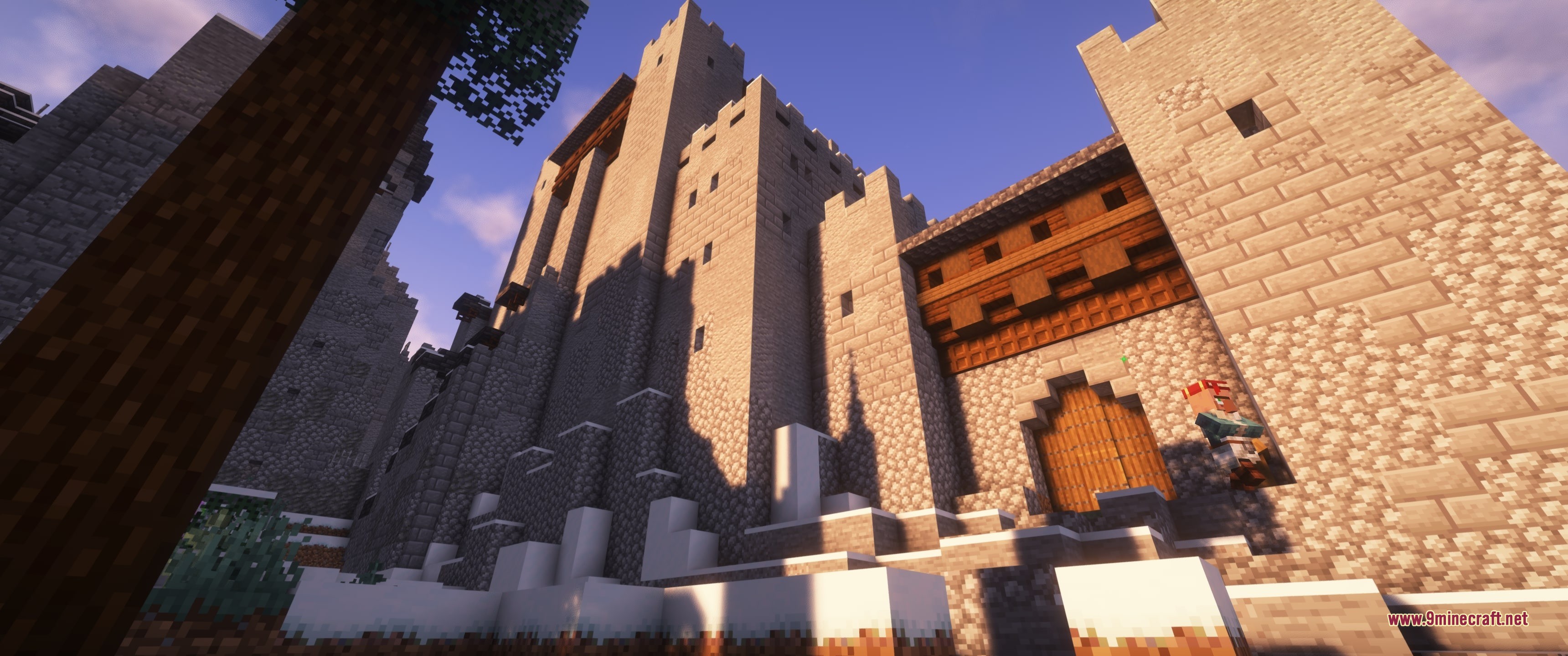 Grim Kingdoms Structures &Amp; Ruins Data Pack (26.2, 1.20.1) 11 A villager stands near the wooden gate of a massive medieval stone castle
