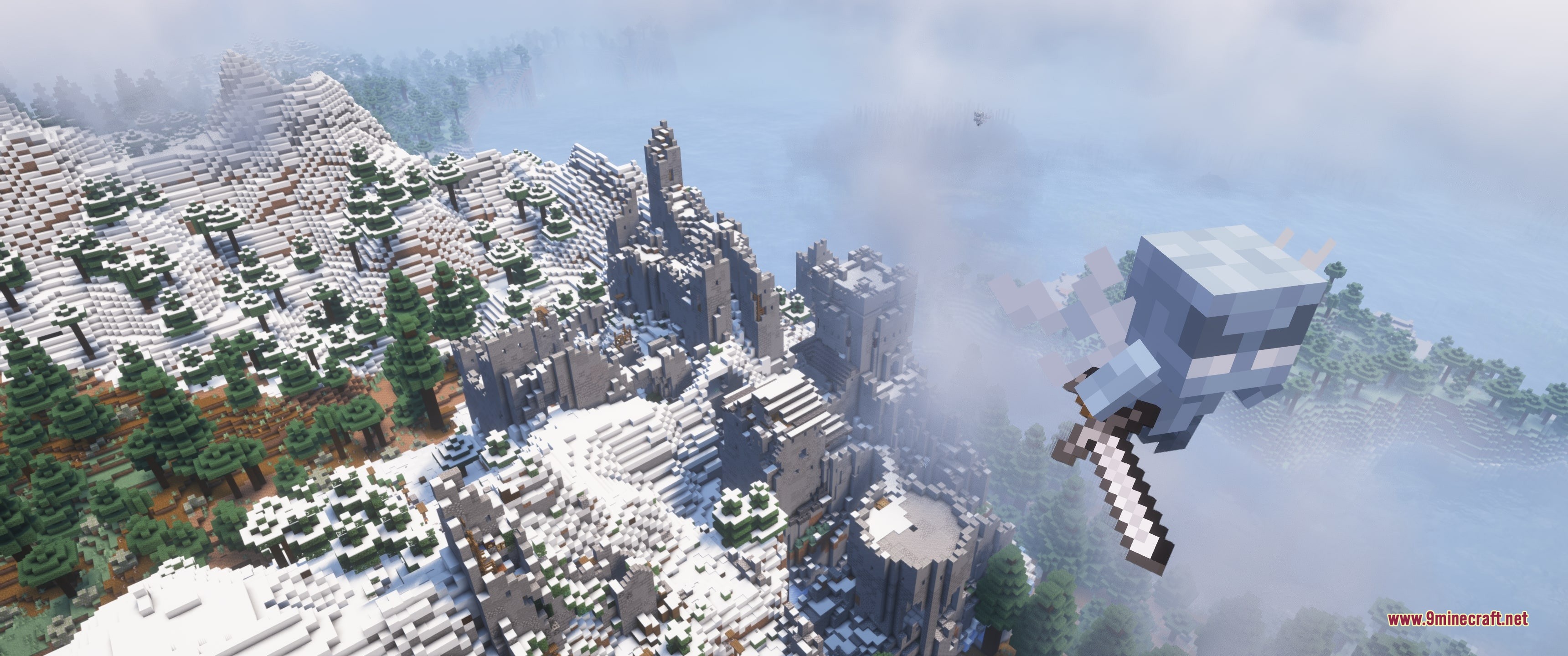 Grim Kingdoms Structures &Amp; Ruins Data Pack (26.2, 1.20.1) 3 Ghostly knight flying over a snowy mountain range filled with ancient stone ruins