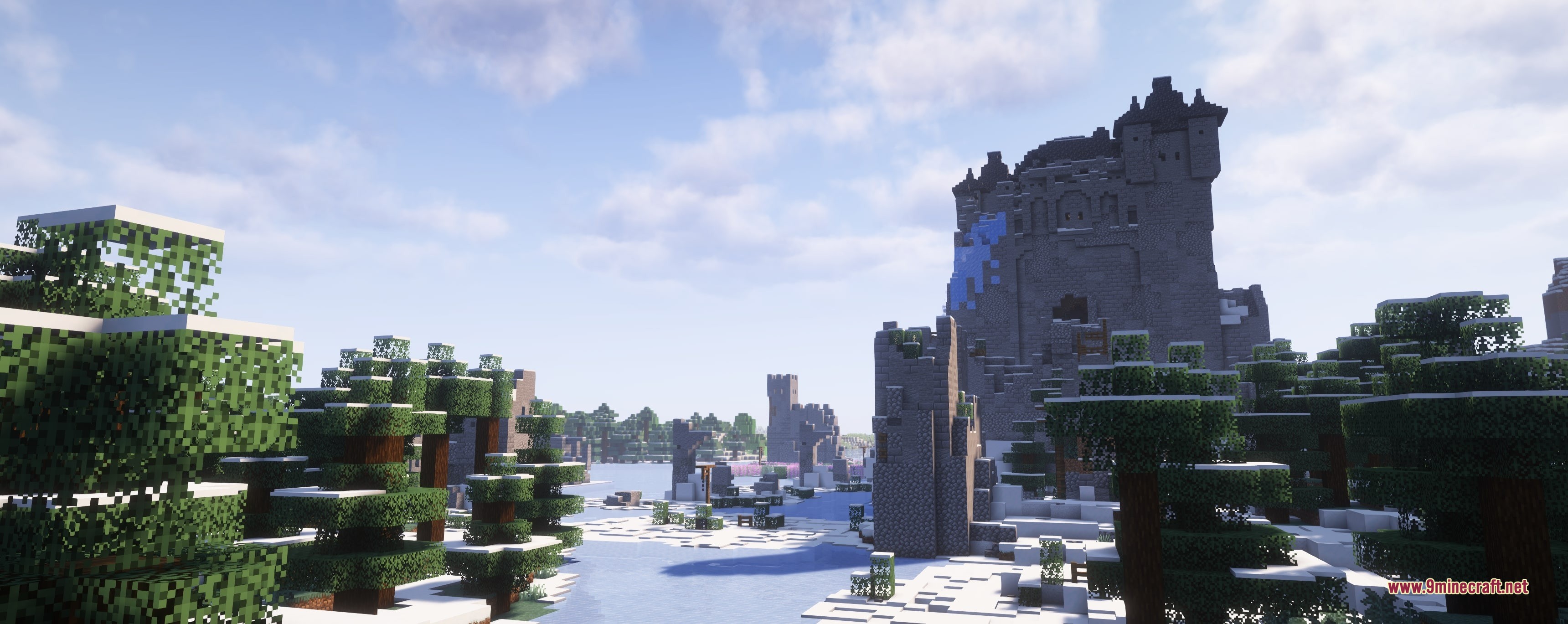 Grim Kingdoms Structures &Amp; Ruins Data Pack (26.2, 1.20.1) 4 A massive stone castle overlooks a frozen lake in a snowy biome