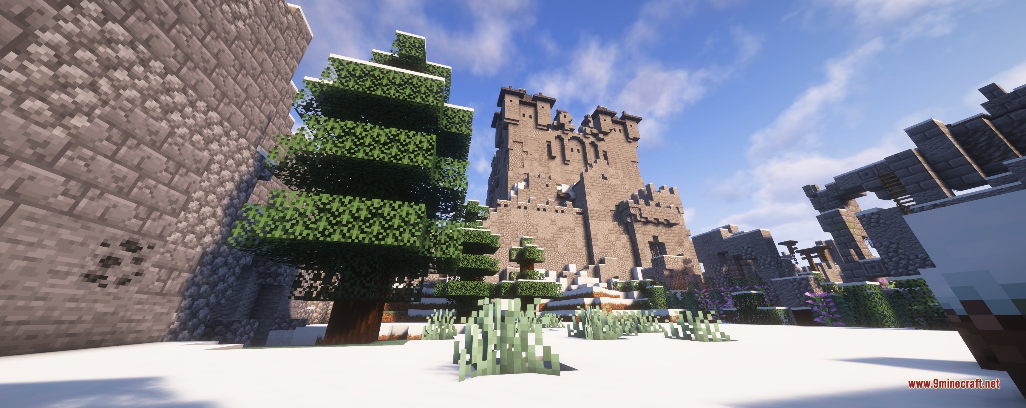 Grim Kingdoms Structures &Amp; Ruins Data Pack (26.2, 1.20.1) 5 A tall medieval stone tower rises above a snowy spruce forest