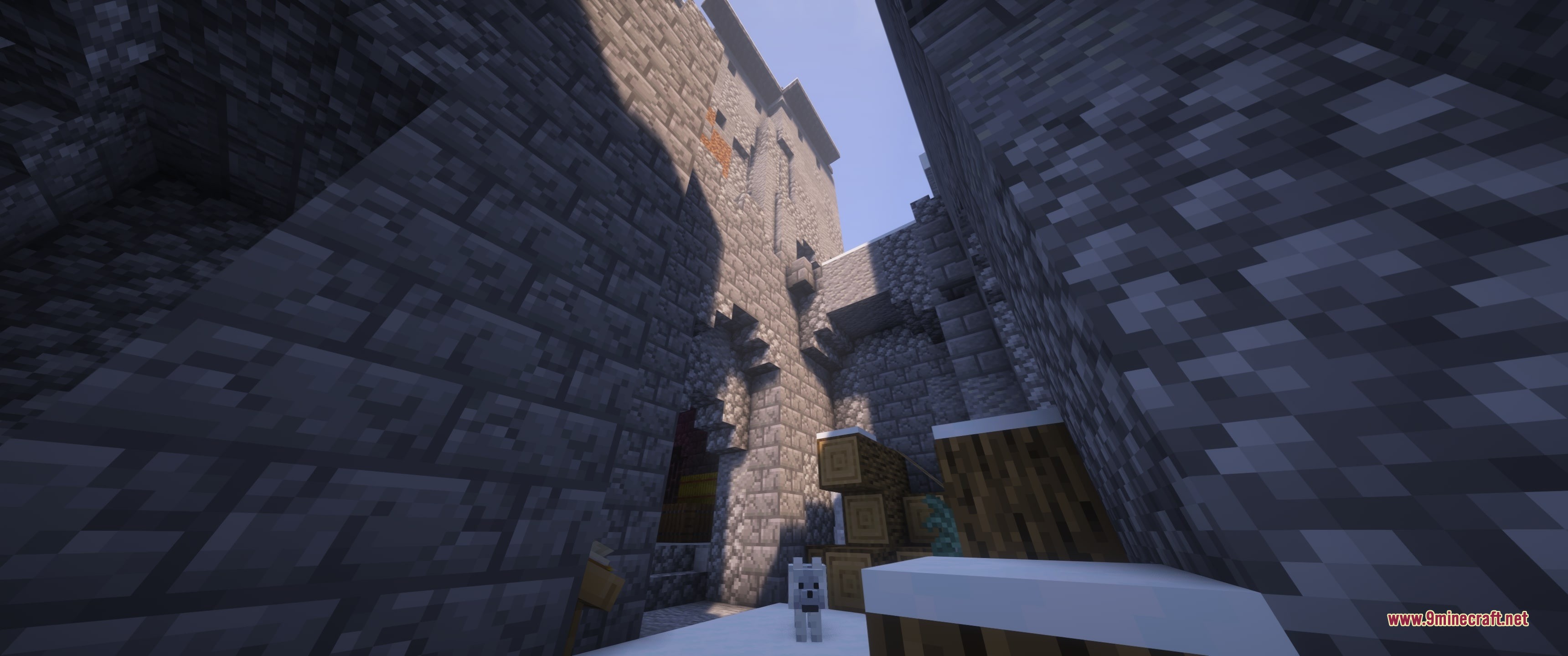 Grim Kingdoms Structures &Amp; Ruins Data Pack (26.2, 1.20.1) 6 A small white wolf stands in a snowy courtyard of a stone castle