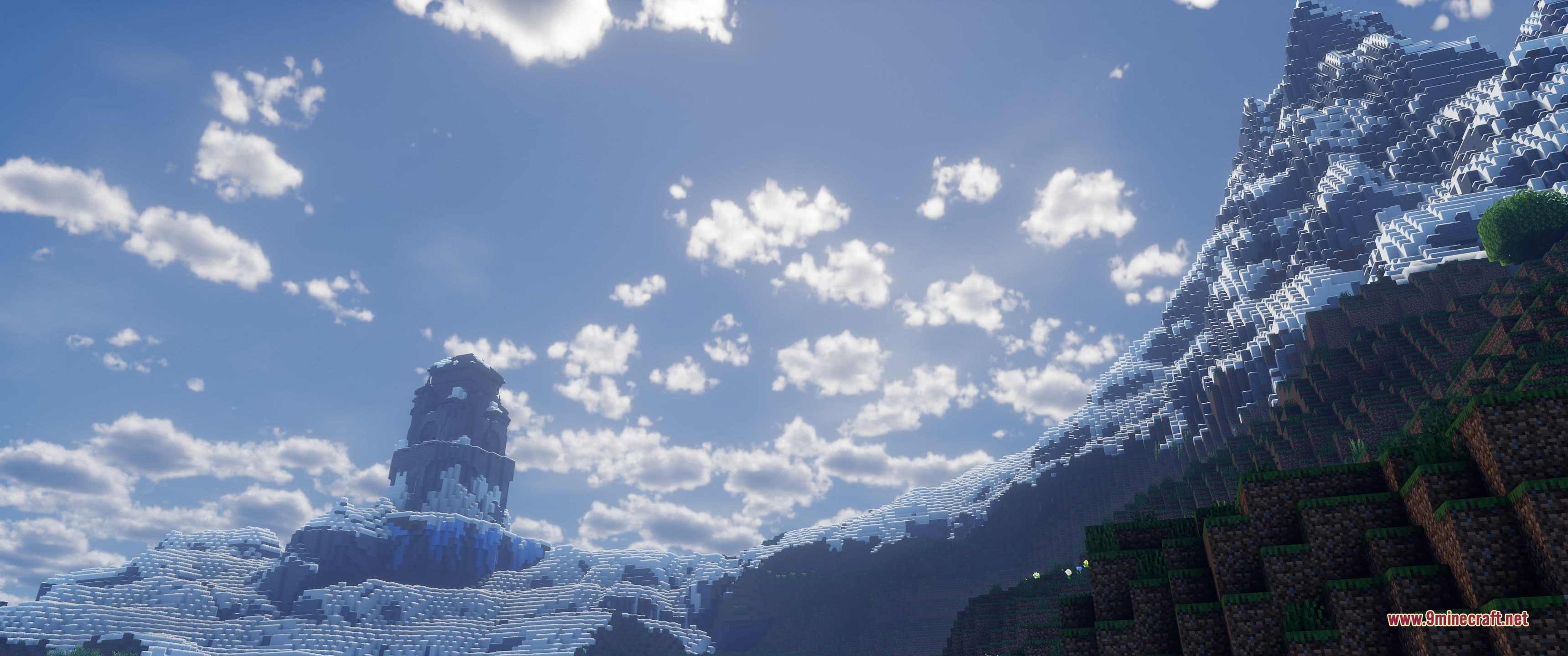 Grim Kingdoms Structures &Amp; Ruins Data Pack (26.2, 1.20.1) 7 A stone tower overlooks a snowy mountain range under a bright blue sky