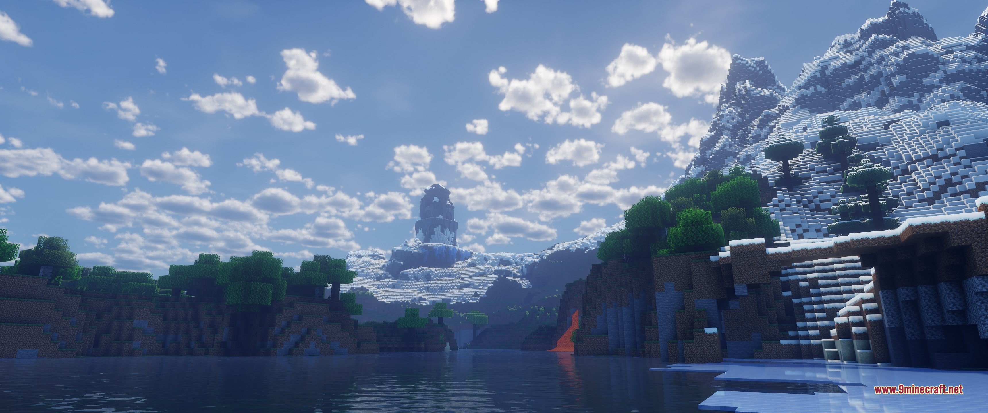 Grim Kingdoms Structures &Amp; Ruins Data Pack (26.2, 1.20.1) 8 A distant stone tower on a snowy mountain peak overlooking a lake