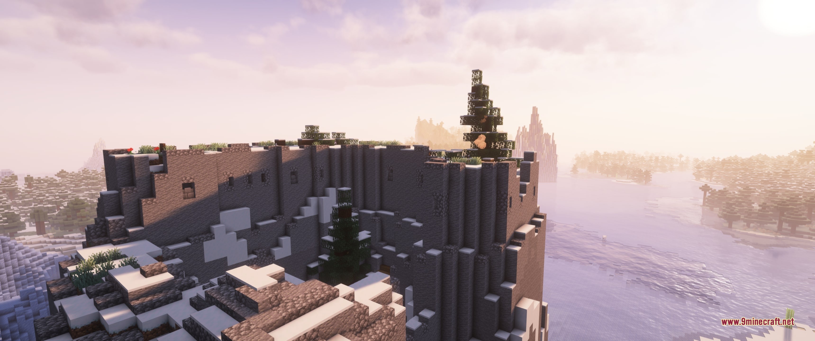 Grim Kingdoms Structures &Amp; Ruins Data Pack (26.2, 1.20.1) 10 A dark stone grim kingdoms fortress overlooking a river in a snowy biome