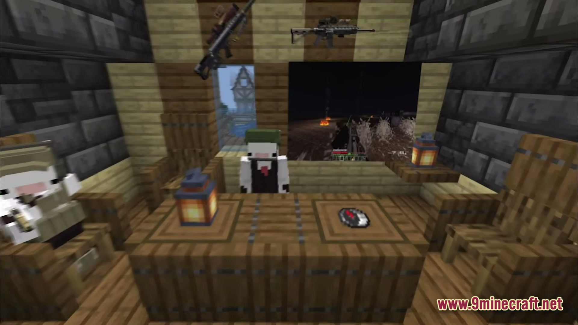 Guns And Poses Gap Modpack (1.20.1) – Guns Quests And Cool Poses 2 Two characters sit at a wooden table inside a room decorated with firearms and lanterns