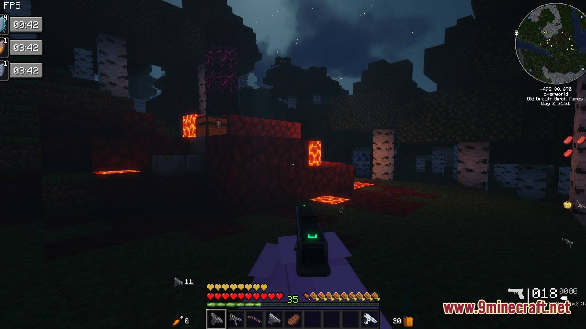 Guns And Poses Gap Modpack (1.20.1) – Guns Quests And Cool Poses 11 A player holds a handgun near a ruined portal structure in an old growth birch forest