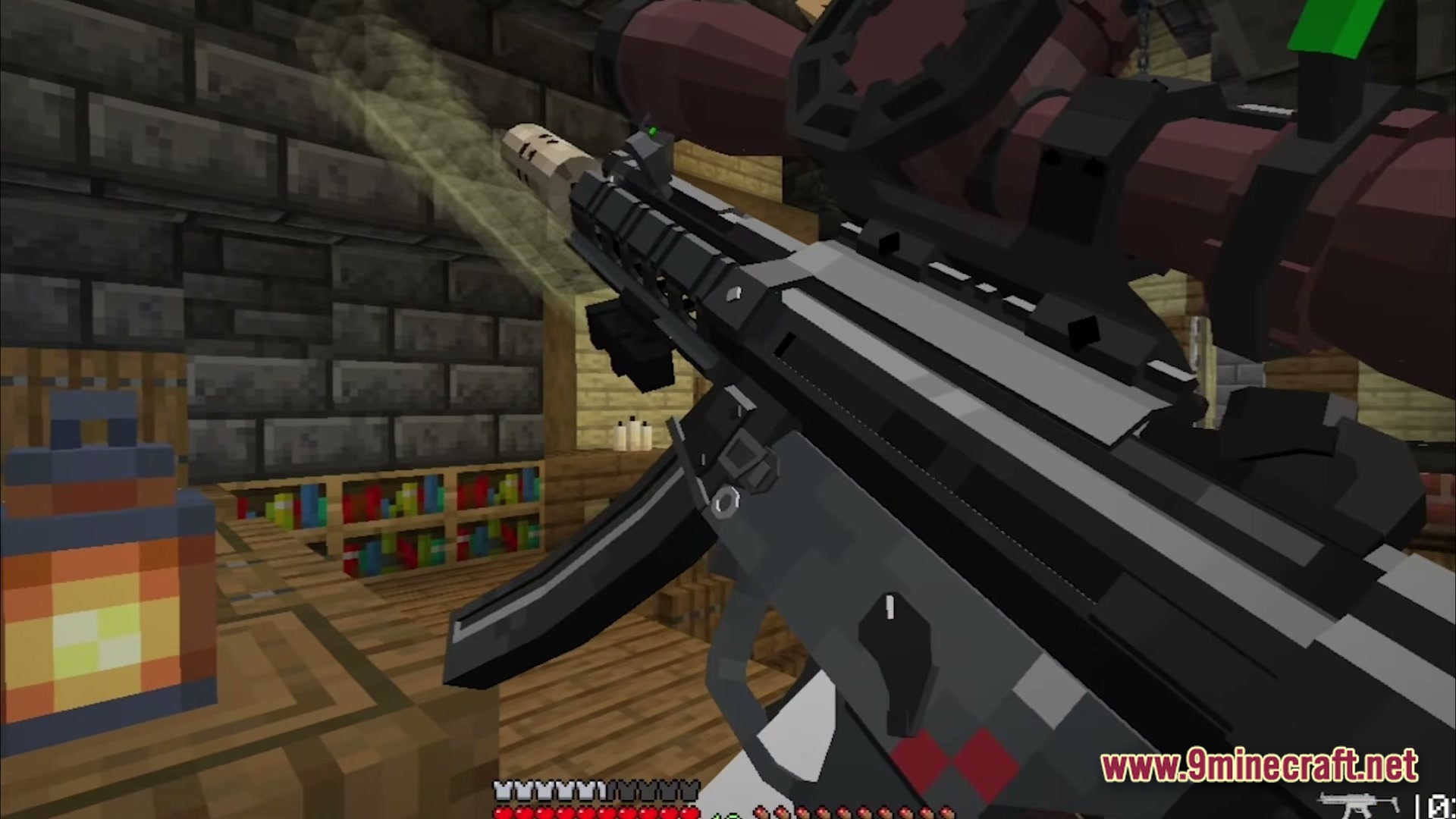 Guns And Poses Gap Modpack (1.20.1) – Guns Quests And Cool Poses 4 A first-person view of a detailed submachine gun being fired inside a stone and wooden building