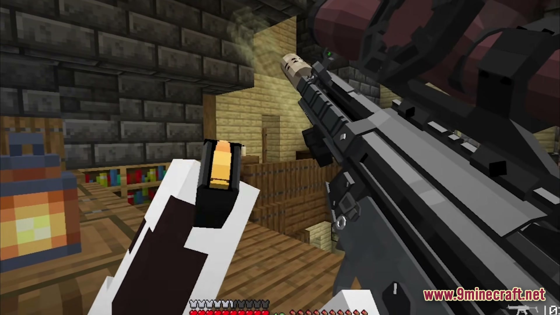 Guns And Poses Gap Modpack (1.20.1) – Guns Quests And Cool Poses 5 A first-person view of a player reloading a scoped firearm inside a wooden and stone structure
