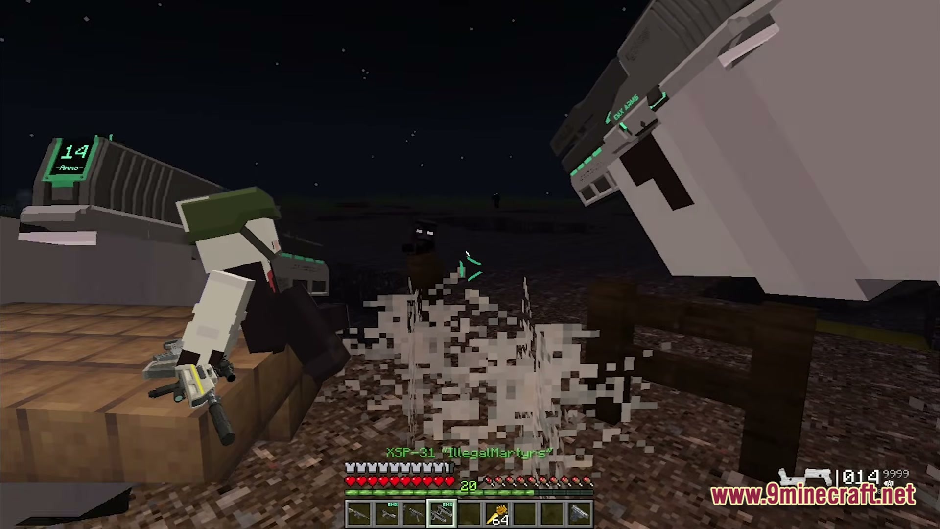 Guns And Poses Gap Modpack (1.20.1) – Guns Quests And Cool Poses 7 A player character sits on a wooden platform holding a firearm during a nighttime combat encounter