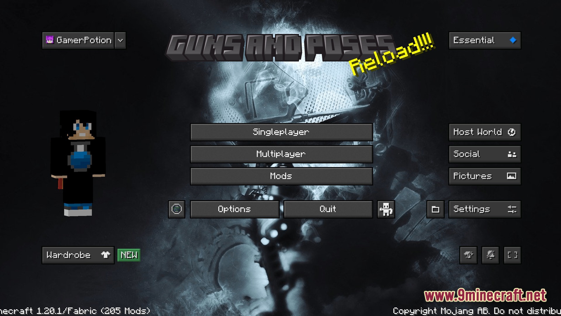 Guns And Poses Gap Modpack (1.20.1) – Guns Quests And Cool Poses 8 The main menu of the guns and poses modpack featuring a custom background and character preview