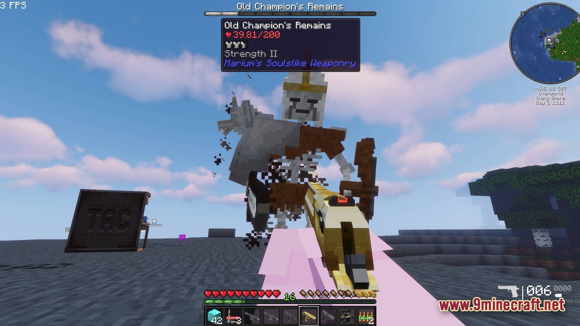 Guns And Poses Gap Modpack (1.20.1) – Guns Quests And Cool Poses 9 A player aims a golden handgun at the old champion's remains boss in a stony biome