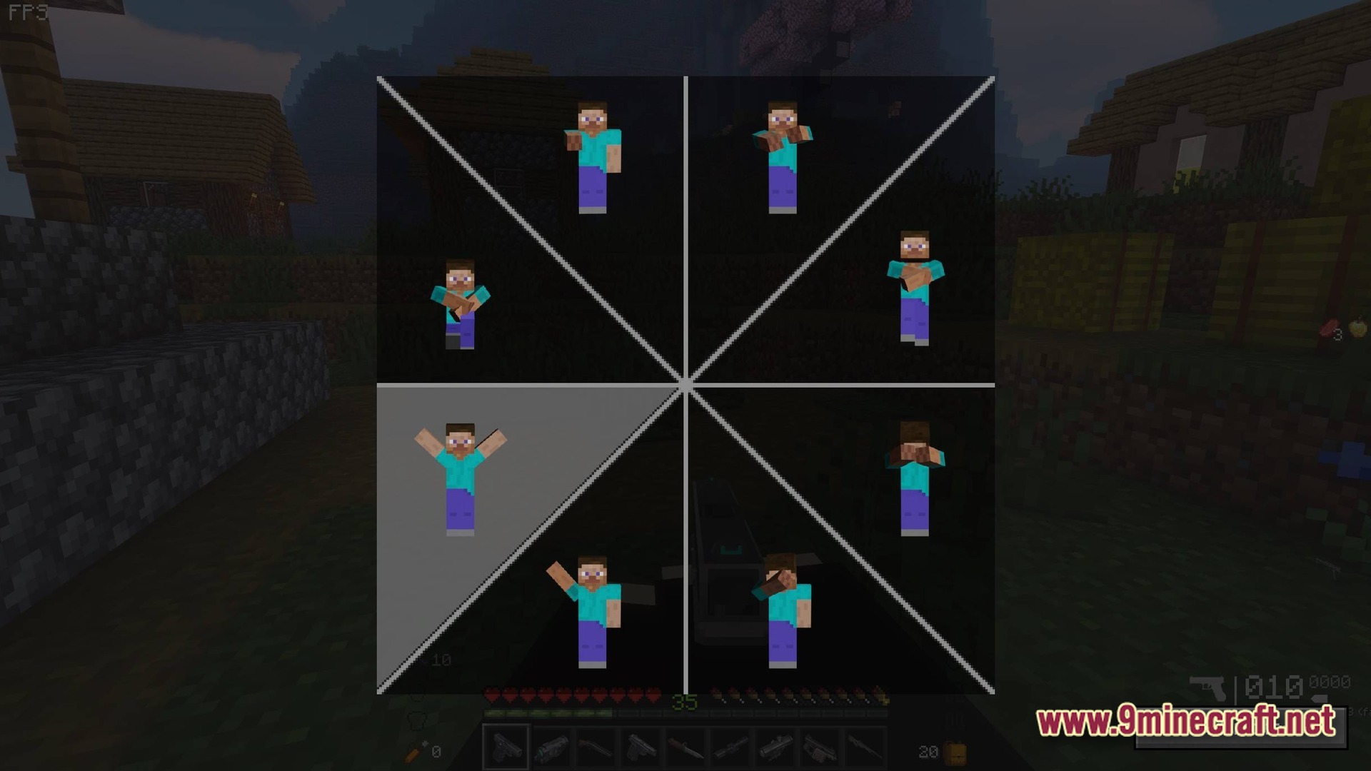 Guns And Poses Gap Modpack (1.20.1) – Guns Quests And Cool Poses 10 A radial emote selection menu featuring various character poses overlaid on a village background