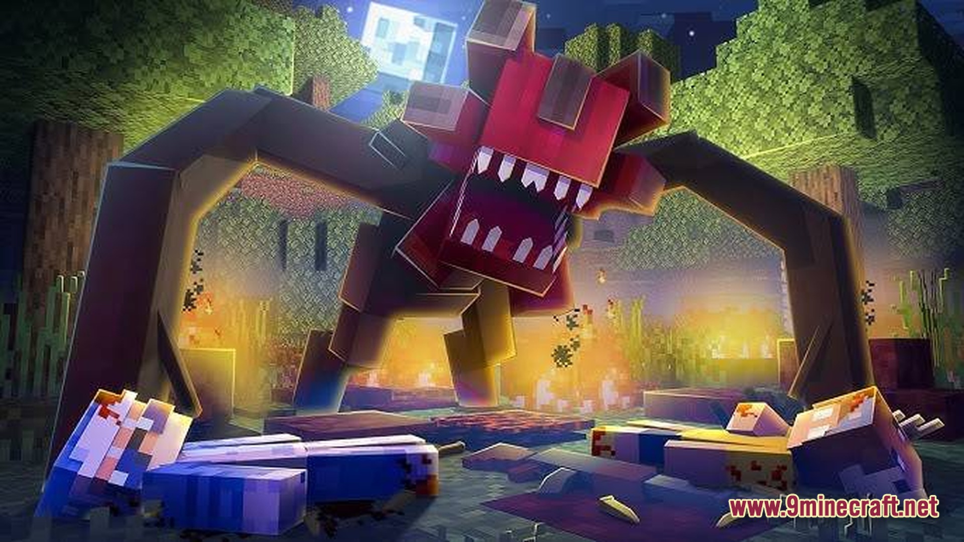 Horror Modpack (1.20.1) – Survive The Monsters Listening 11 A large red-headed monster stands over defeated players in a dark forest at night