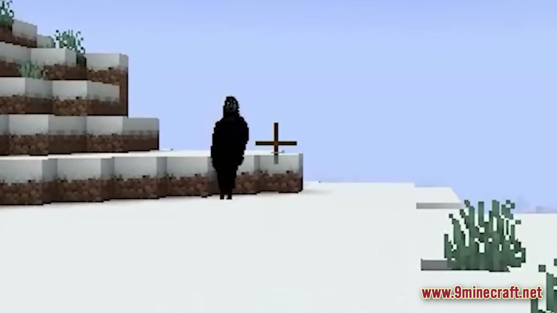 Horror Modpack (1.20.1) – Survive The Monsters Listening 5 A dark, shadowy figure stands on a snowy hillside within a minecraft winter biome