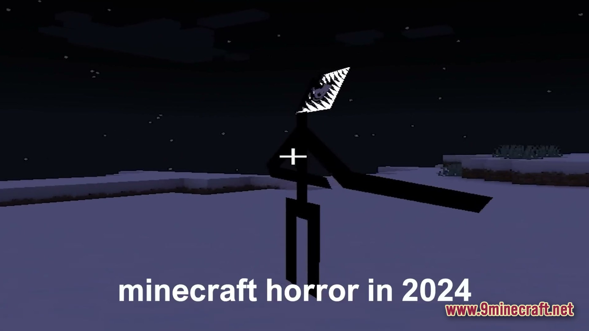 Horror Modpack (1.20.1) – Survive The Monsters Listening 6 A tall, black stick-like creature with a jagged white head stands in a snowy minecraft biome